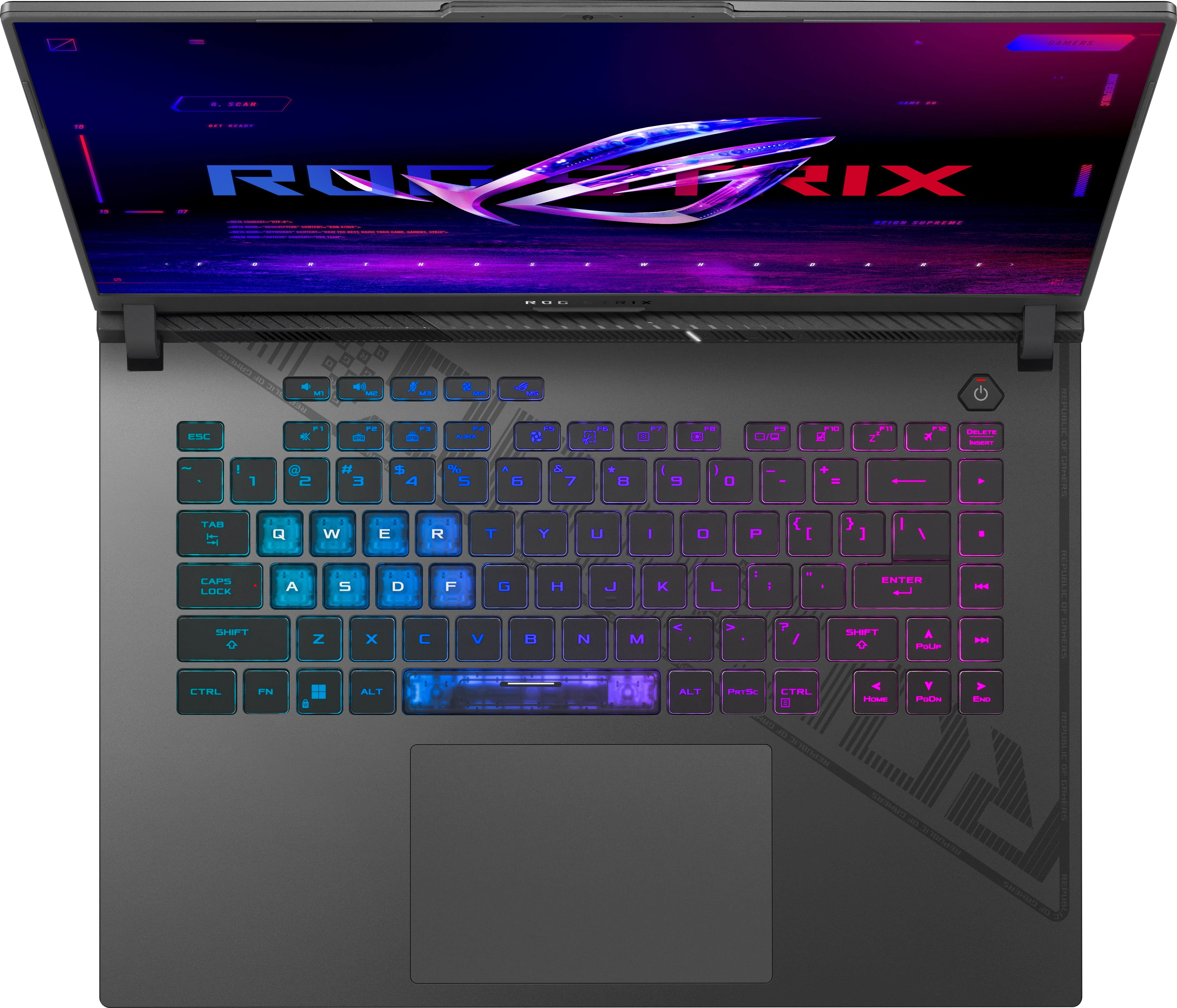 Eine Laptop-Tastatur mit bunten Tasten. Der Bildschirm zeigt ein ROG-Logo.