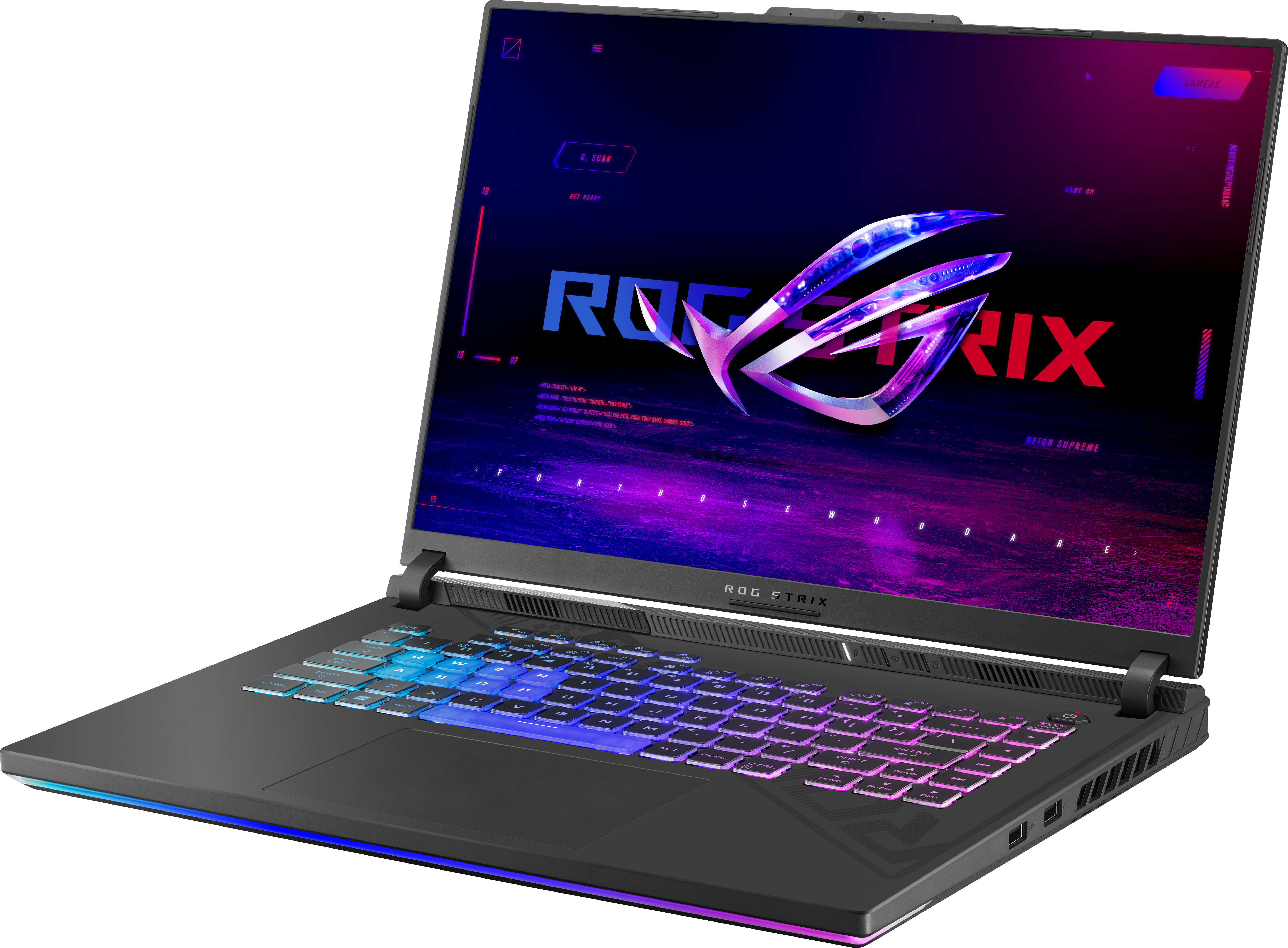 Schwarzer Laptop geöffnet, zeigt ROG Strix Logo und bunte Tastaturbeleuchtung.