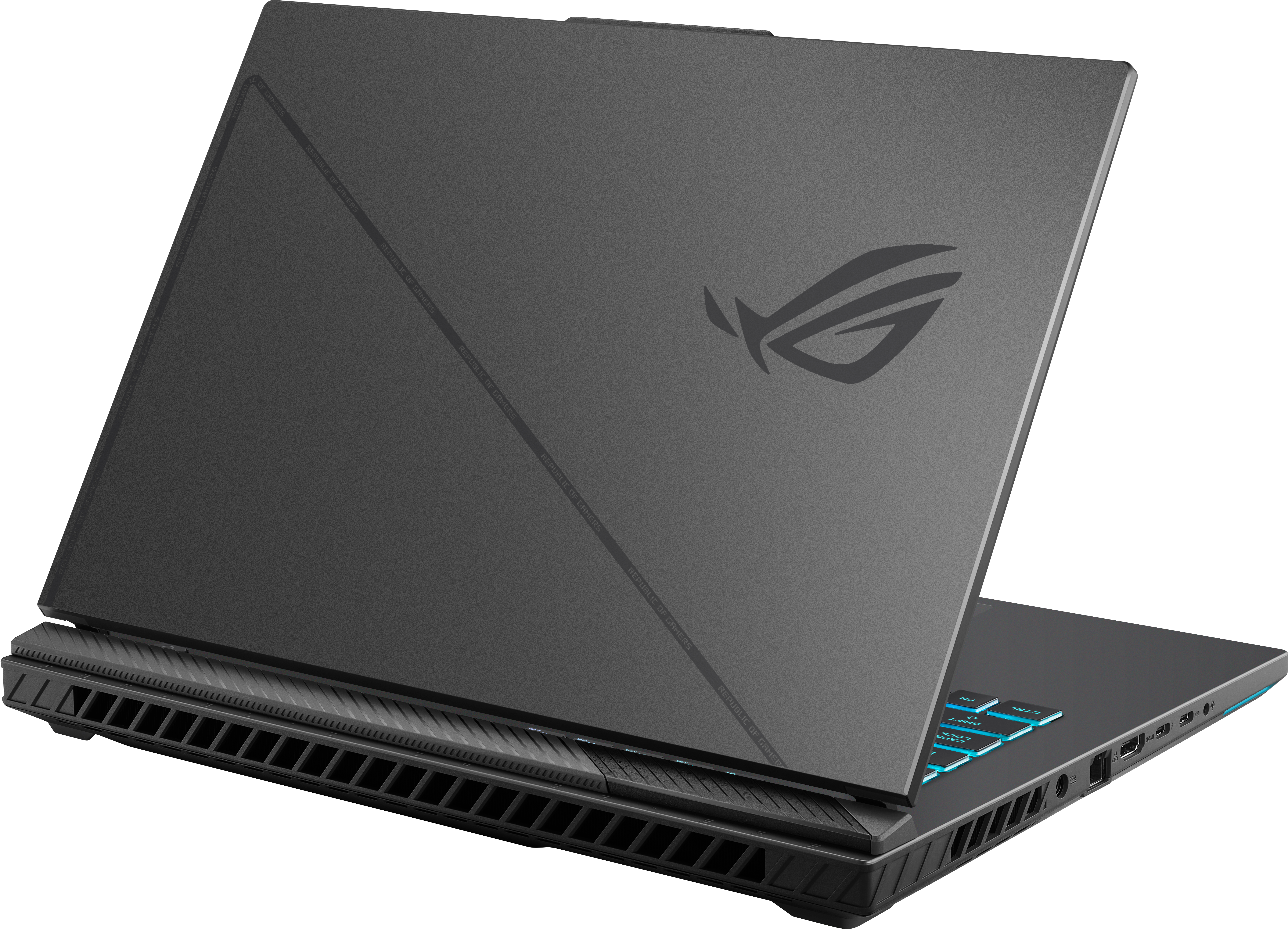 Rückansicht eines dunkelgrauen Laptops, der angewinkelt ist, um den geöffneten Bildschirm zu zeigen.