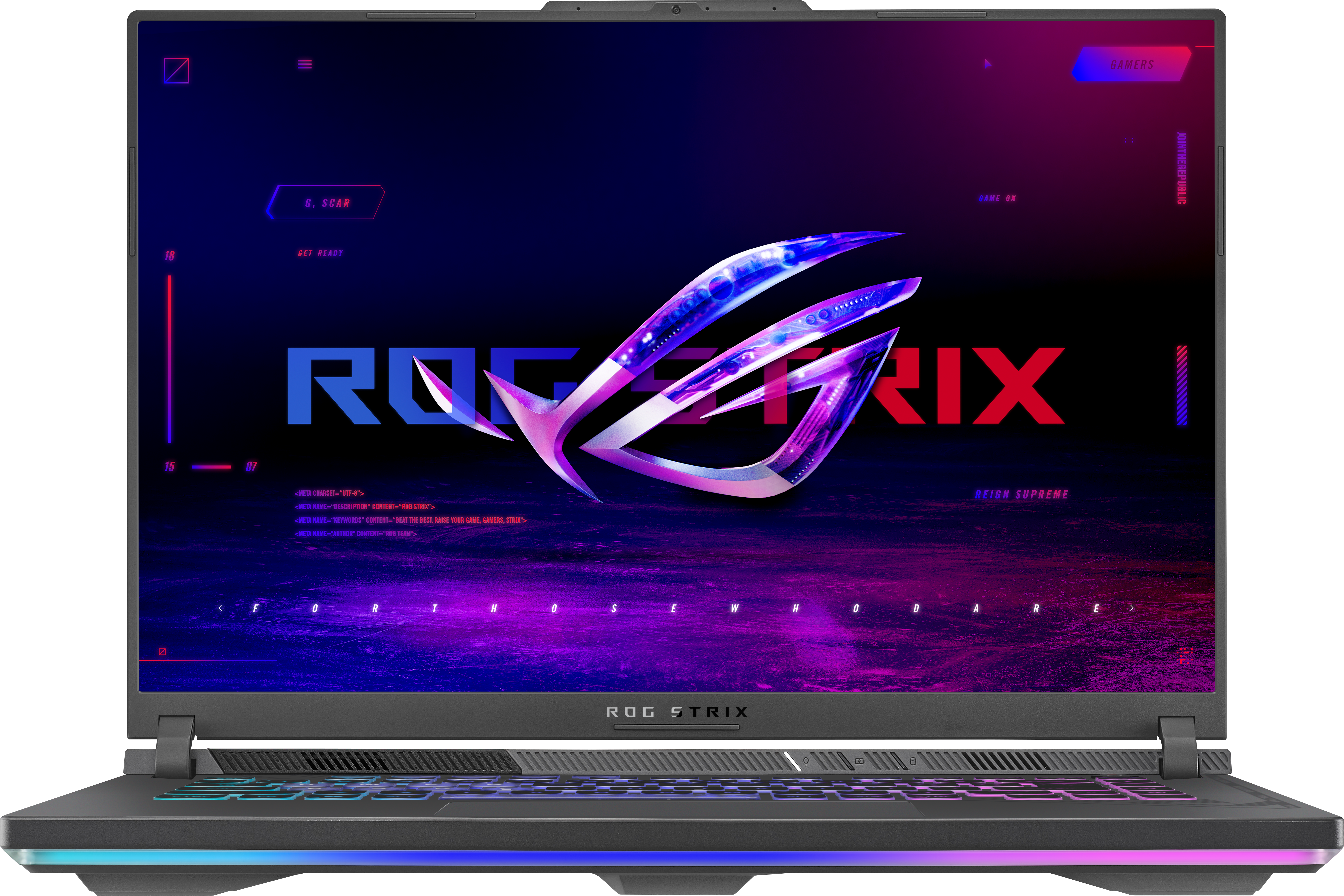 Geöffneter Laptop mit ROG Strix Logo und bunter, beleuchteter Tastatur.