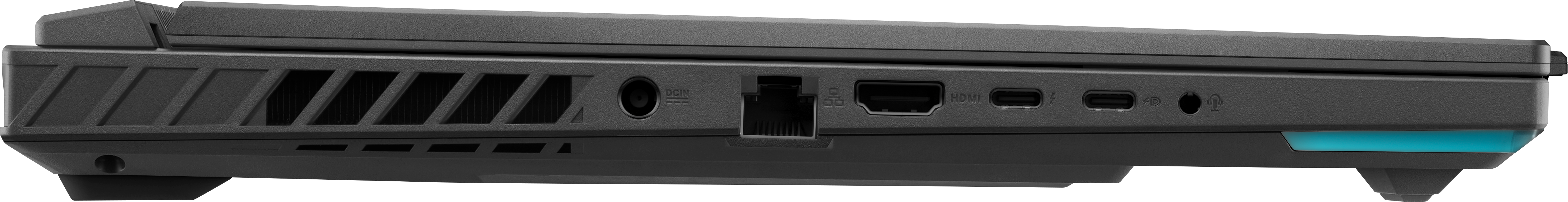 Seitenansicht eines schwarzen Laptops mit Anschlüssen und Lüftungsschlitzen.