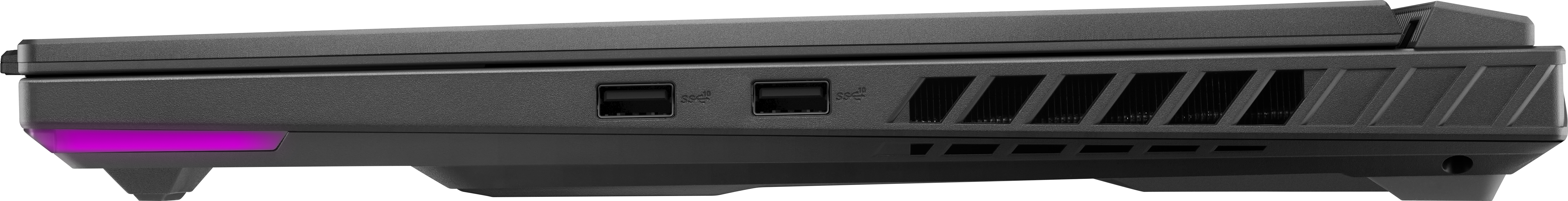 Laptop-Seitenansicht. Schwarze Farbe. USB-Anschlüsse und Belüftung. Lila Licht.