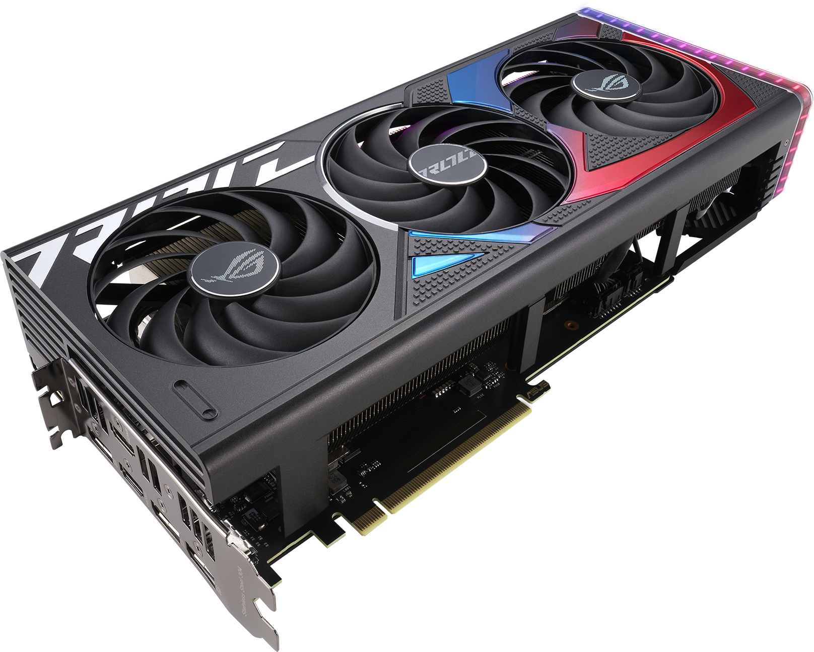 Une carte graphique noire et grise avec trois ventilateurs et un logo ROG. Inclinée sur fond blanc.
