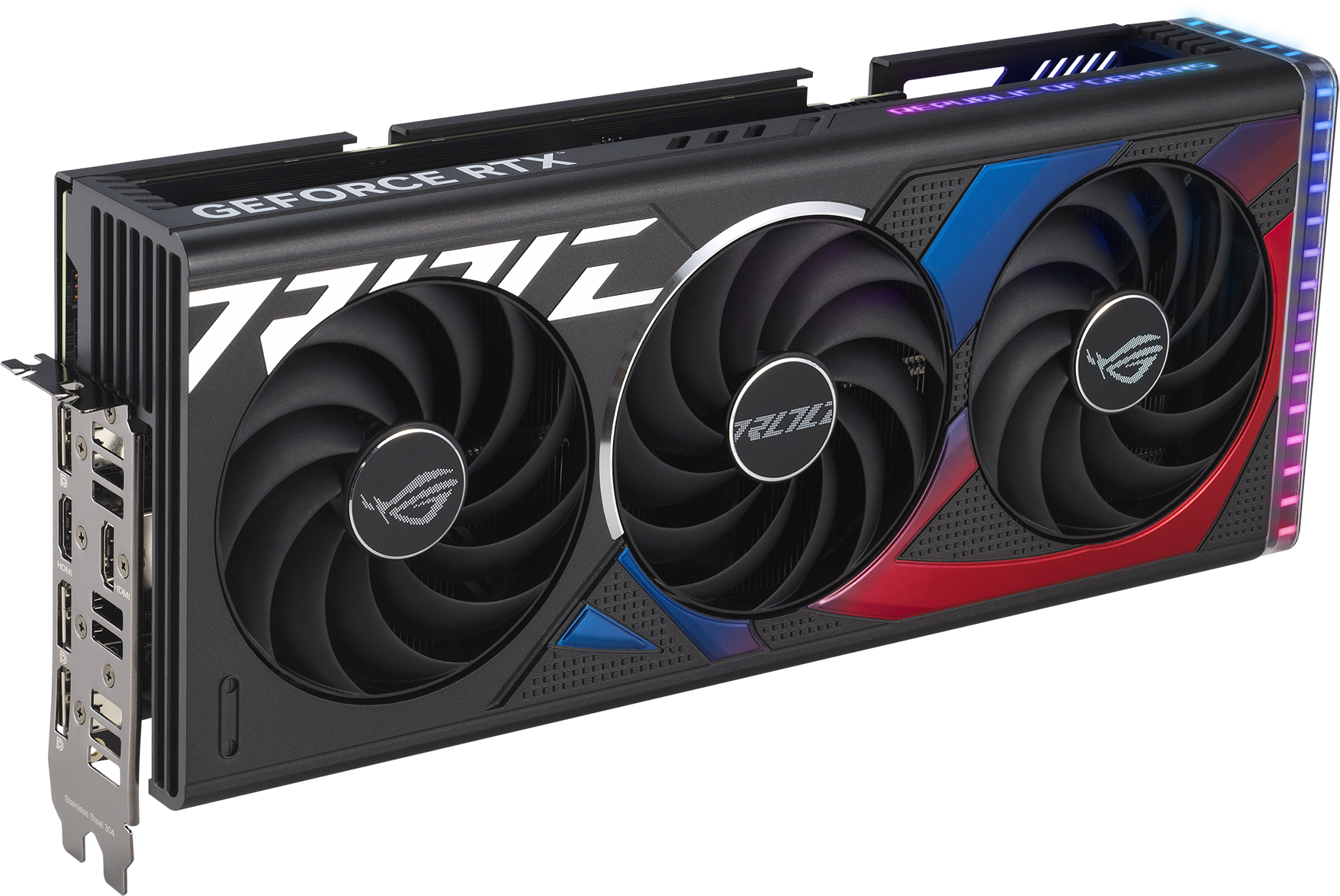 Une carte graphique ASUS ROG Strix GeForce RTX noire et grise avec trois ventilateurs et éclairage RGB.