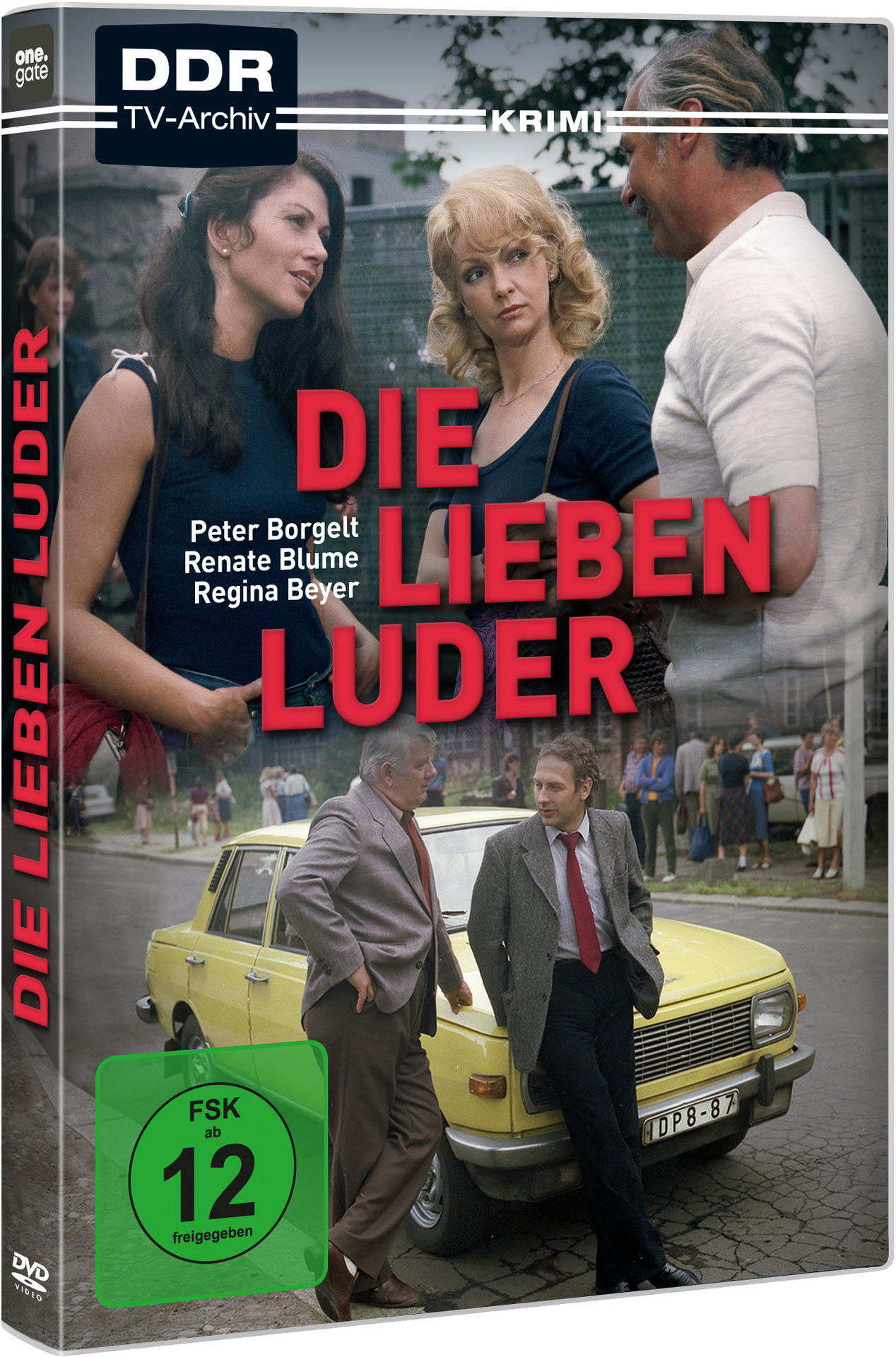 DVD-Hülle mit Filmposter. Mit Schauspielern und einem gelben Auto, mit dem Titel "Die Lieben Luder".