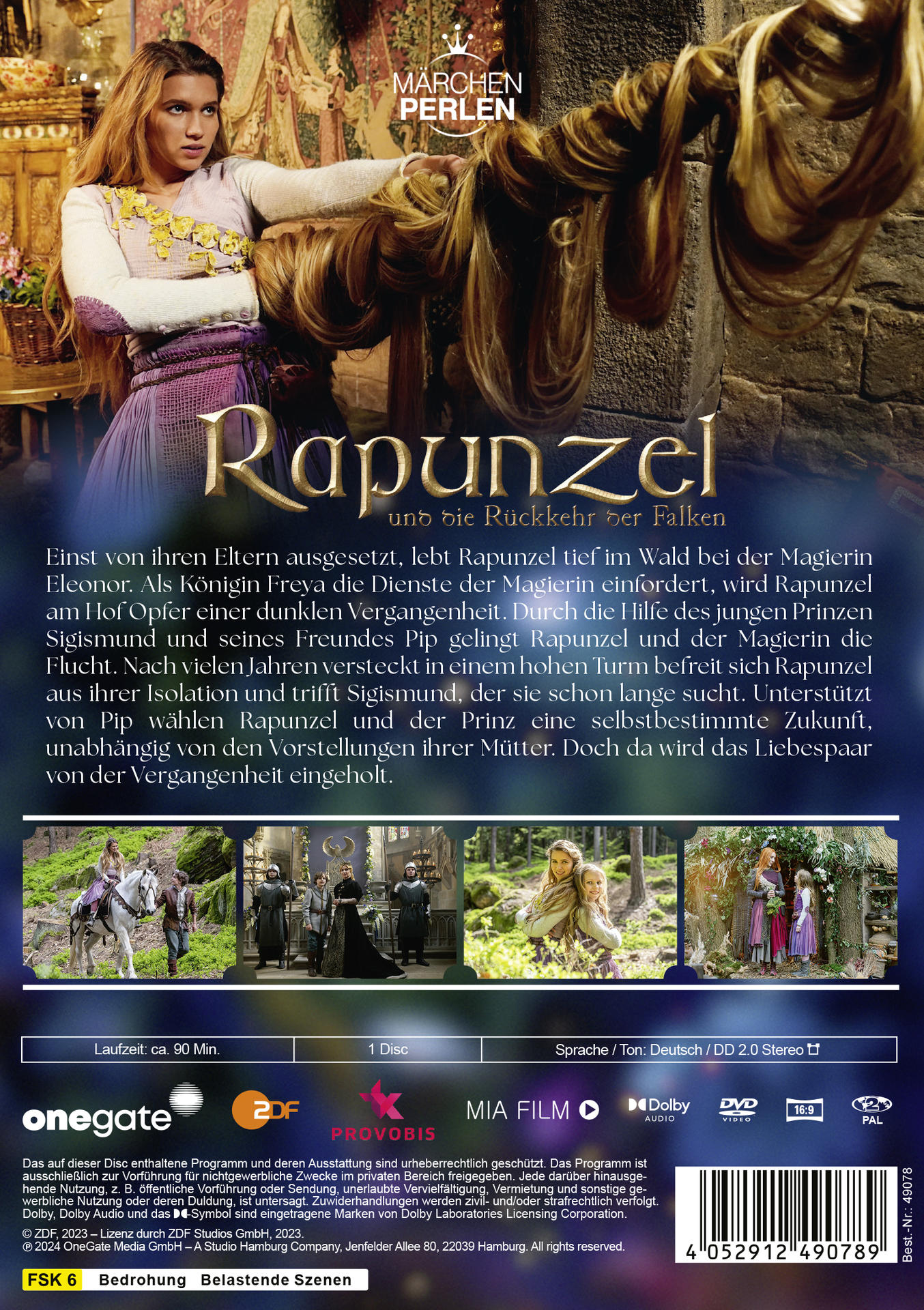 Rückseite einer Rapunzel DVD-Box. Sie zeigt Bilder aus dem Film und deutschen Text. Onegate, 2DF und Mia Film Logos.