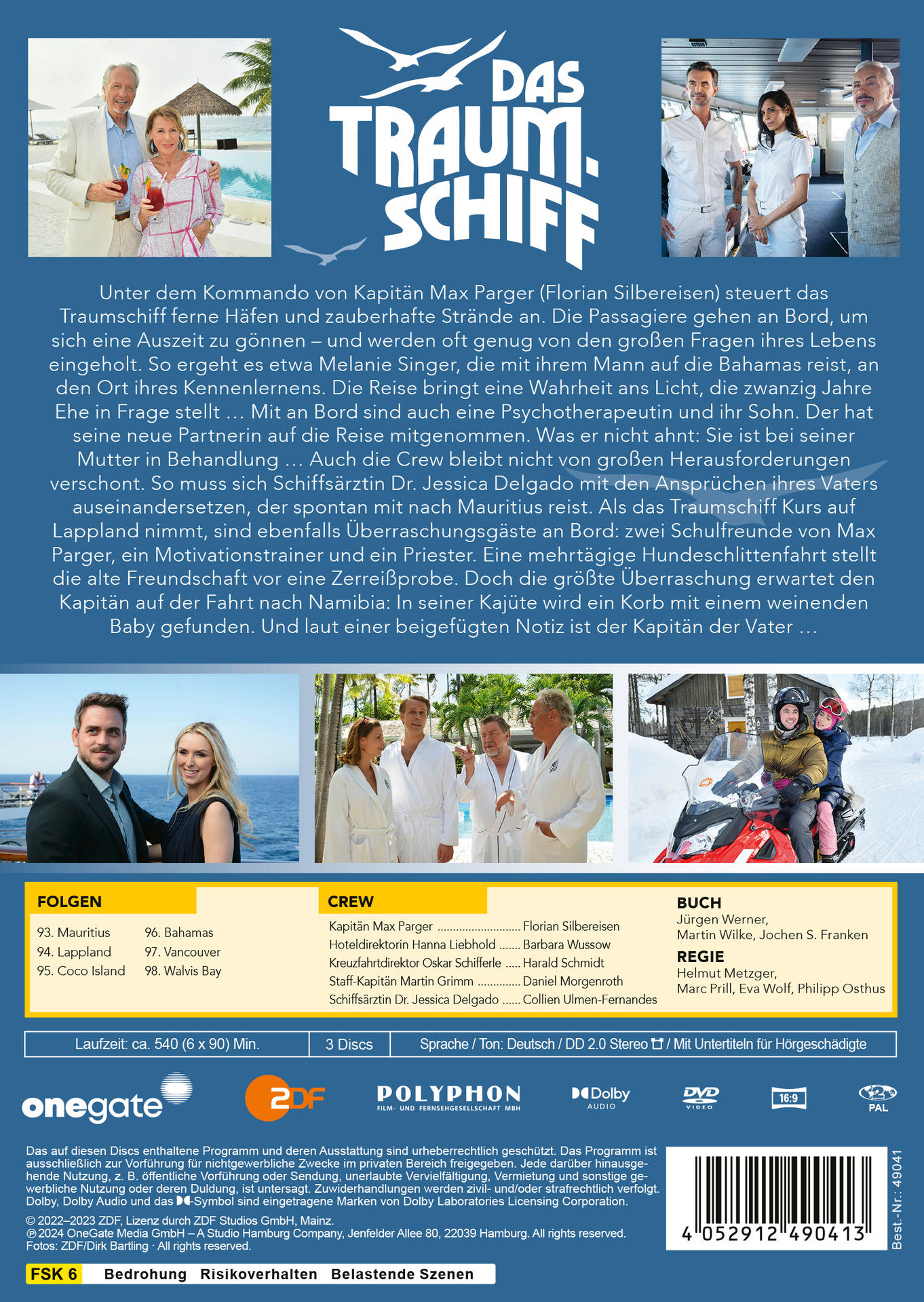DVD-Cover. Männer und Frauen sind auf einem Schiff. Text lautet 'Das Traumschiff' und beschreibt die Handlung.