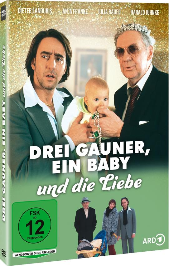 DVD-Cover mit drei Männern und einem Baby. Text auf Deutsch: Drei Gauner, ein Baby und die Liebe.