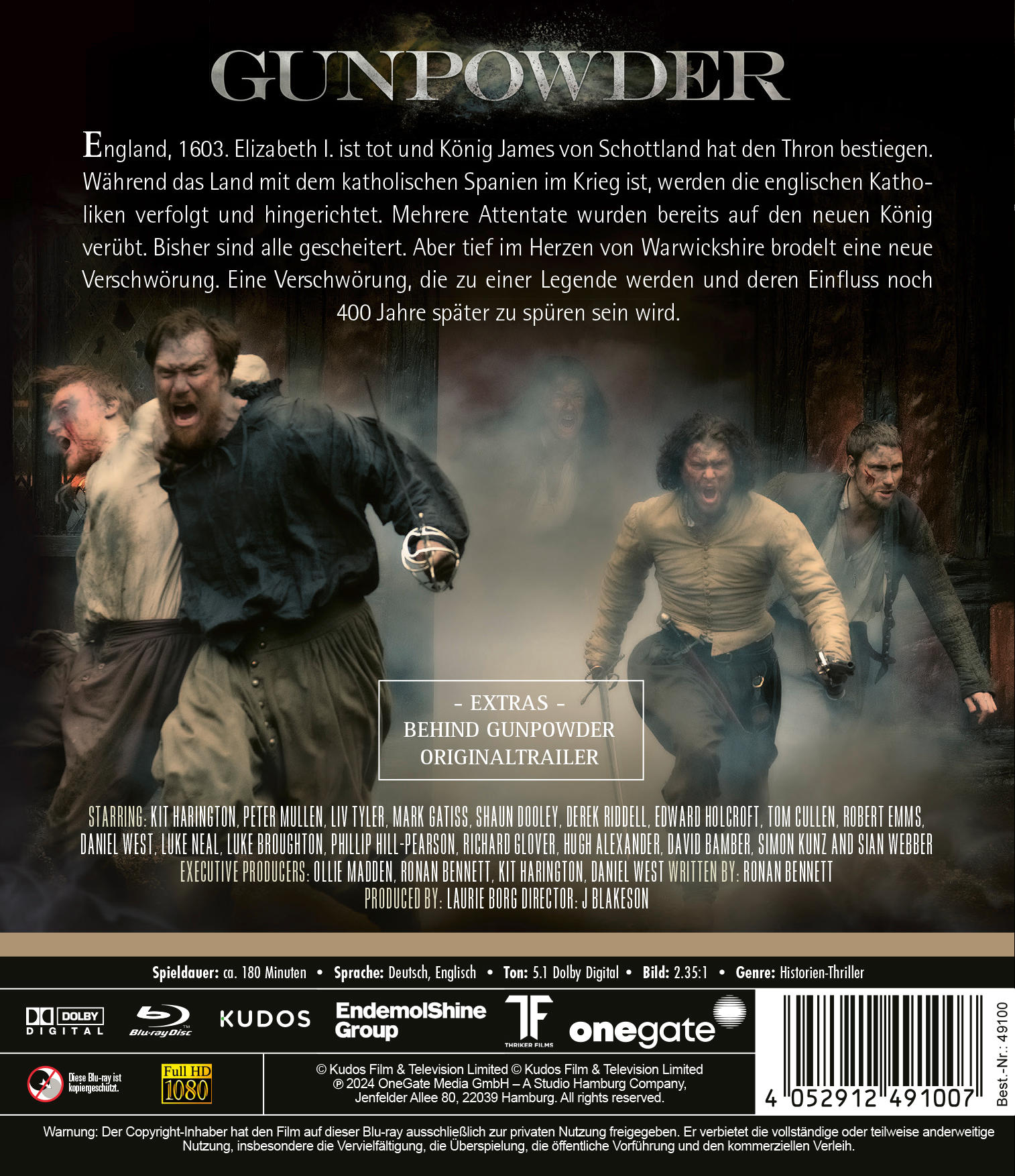 Blu-ray-Cover für 'Gunpowder' mit Bildern der Besetzung und Titeltext.