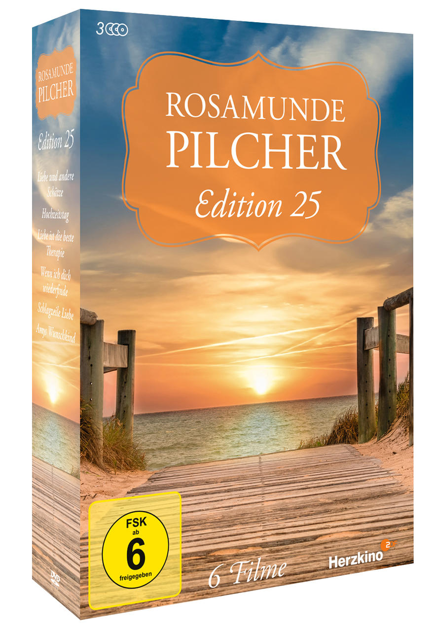 DVD-Box von Rosamunde Pilcher mit einer Meereslandschaft, einem Holzweg und einem Sonnenuntergang.