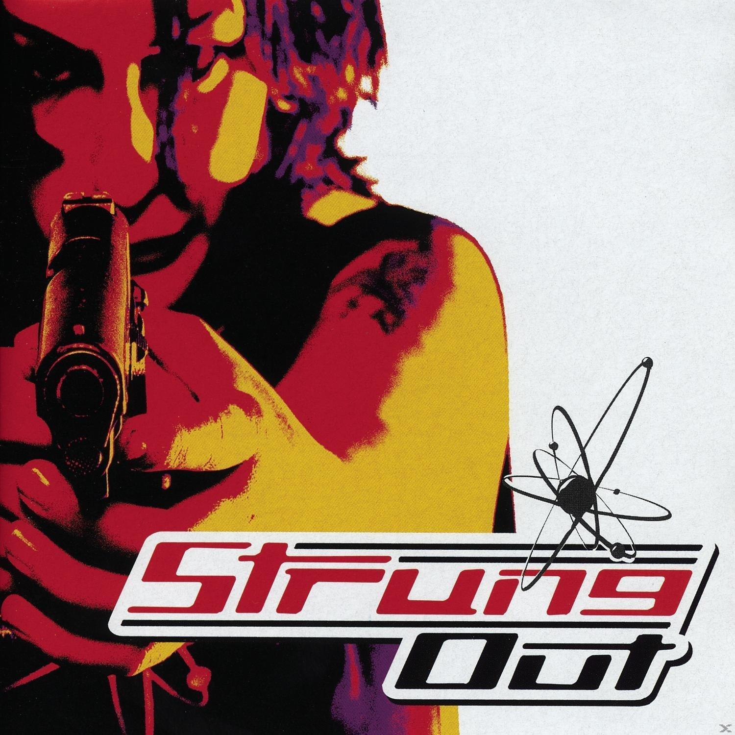 Album borító: Egy személy fegyvert tart, cím: Strung Out. Piros és sárga színek.