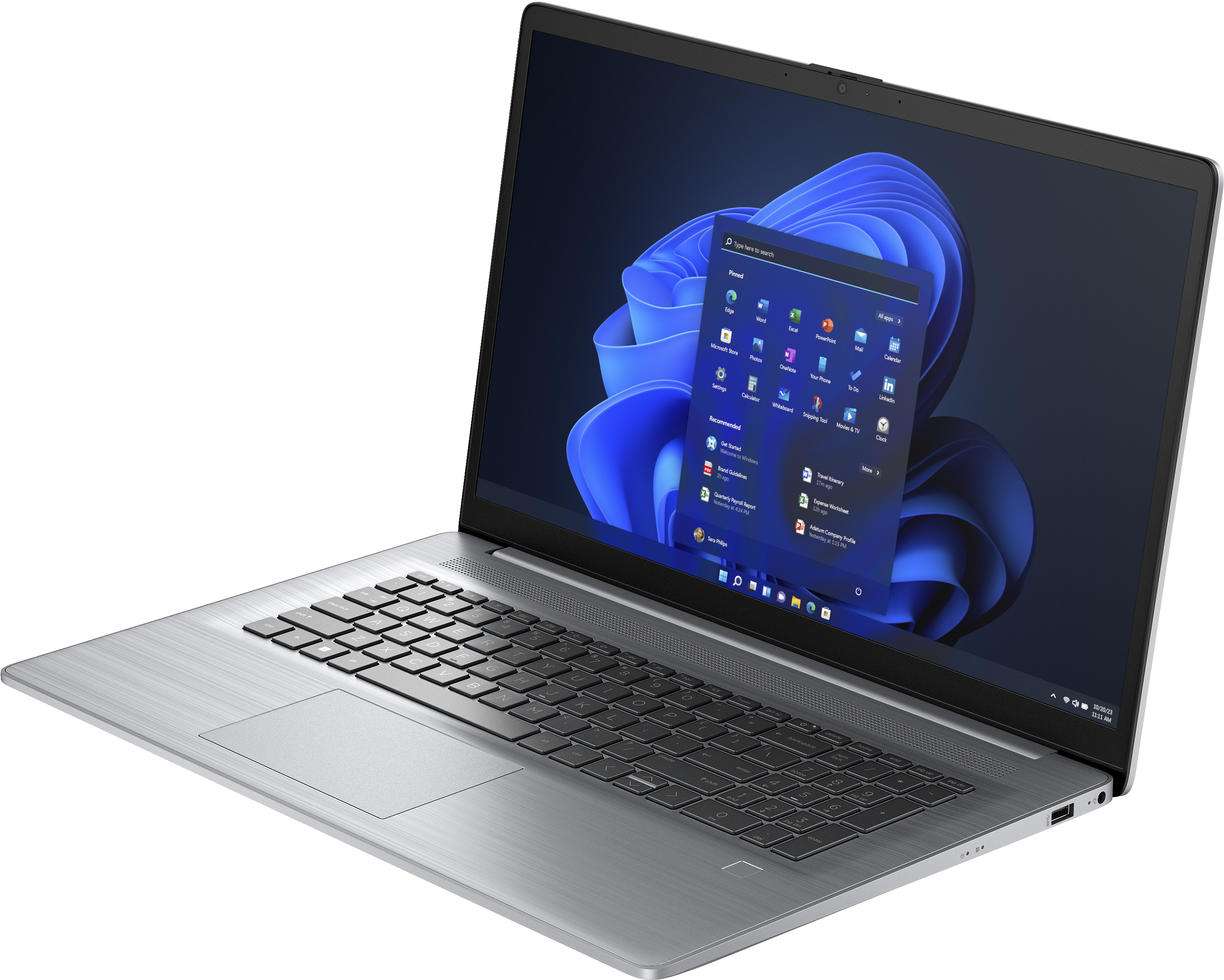 Ein silberner Laptop mit einem großen Bildschirm, der die Windows 11-Oberfläche anzeigt. Der Laptop ist geöffnet.
