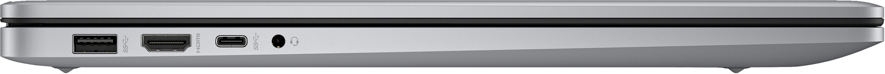Silberner Laptop Seitenansicht. HDMI-, USB- und Audioanschlüsse. Dunkler Hintergrund.