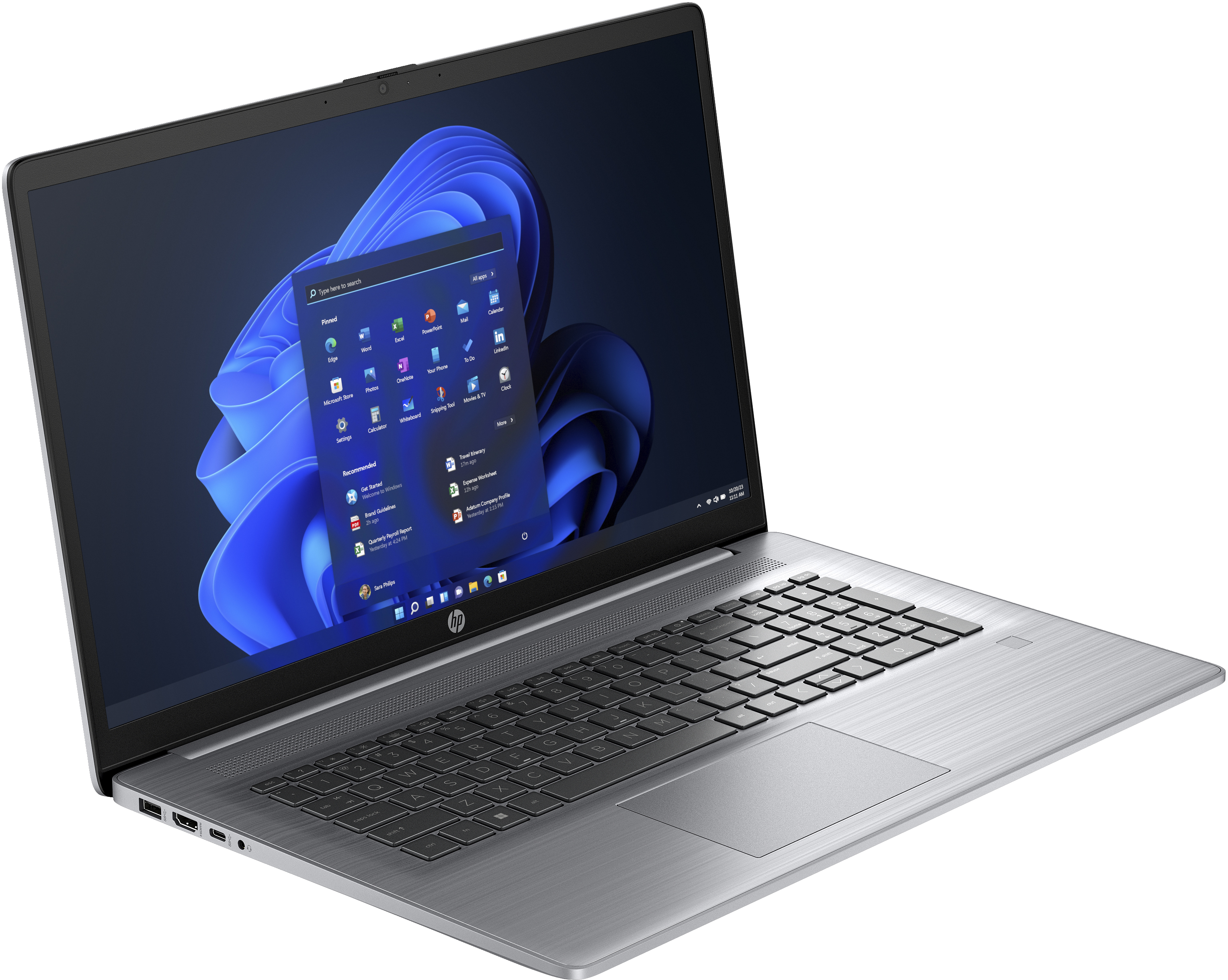 Ein silberner Laptop ist geöffnet und zeigt eine Windows-Oberfläche auf dem Bildschirm und eine schwarze Tastatur.