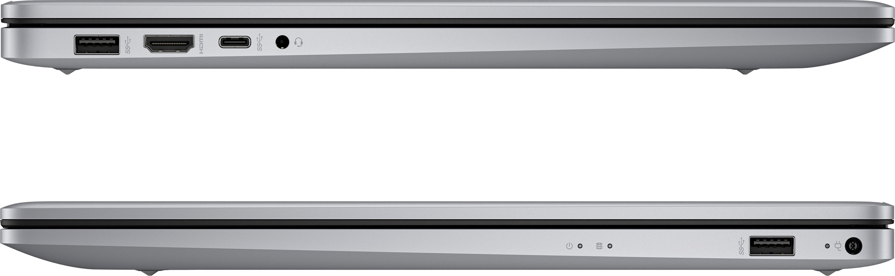 Zwei Laptops Seitenansicht. Silberne Farbe, Anschlüsse sichtbar. Weißer Hintergrund.