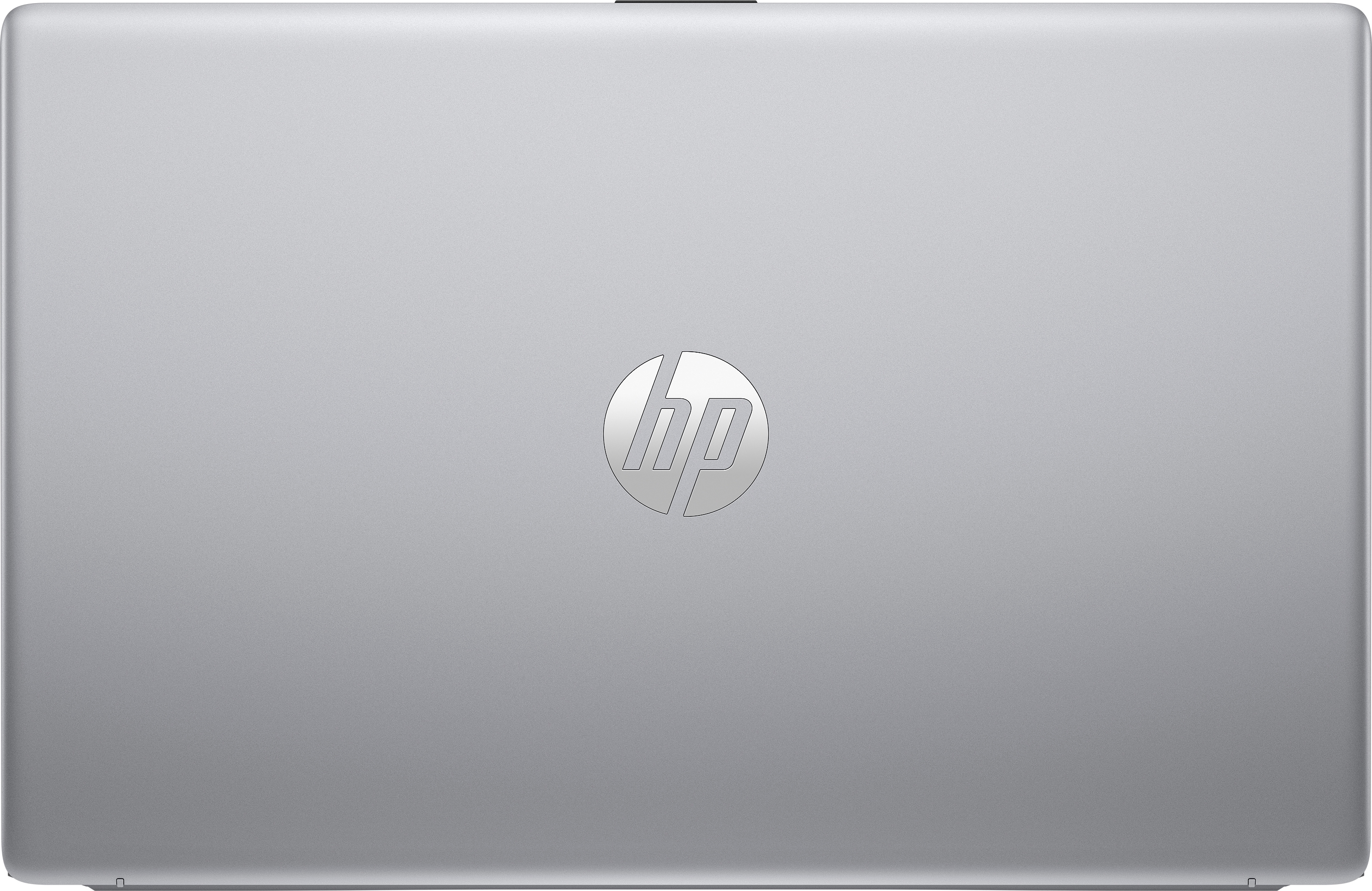 Die Oberseite eines silbernen Laptops. Das HP-Logo befindet sich in der Mitte des Deckels.