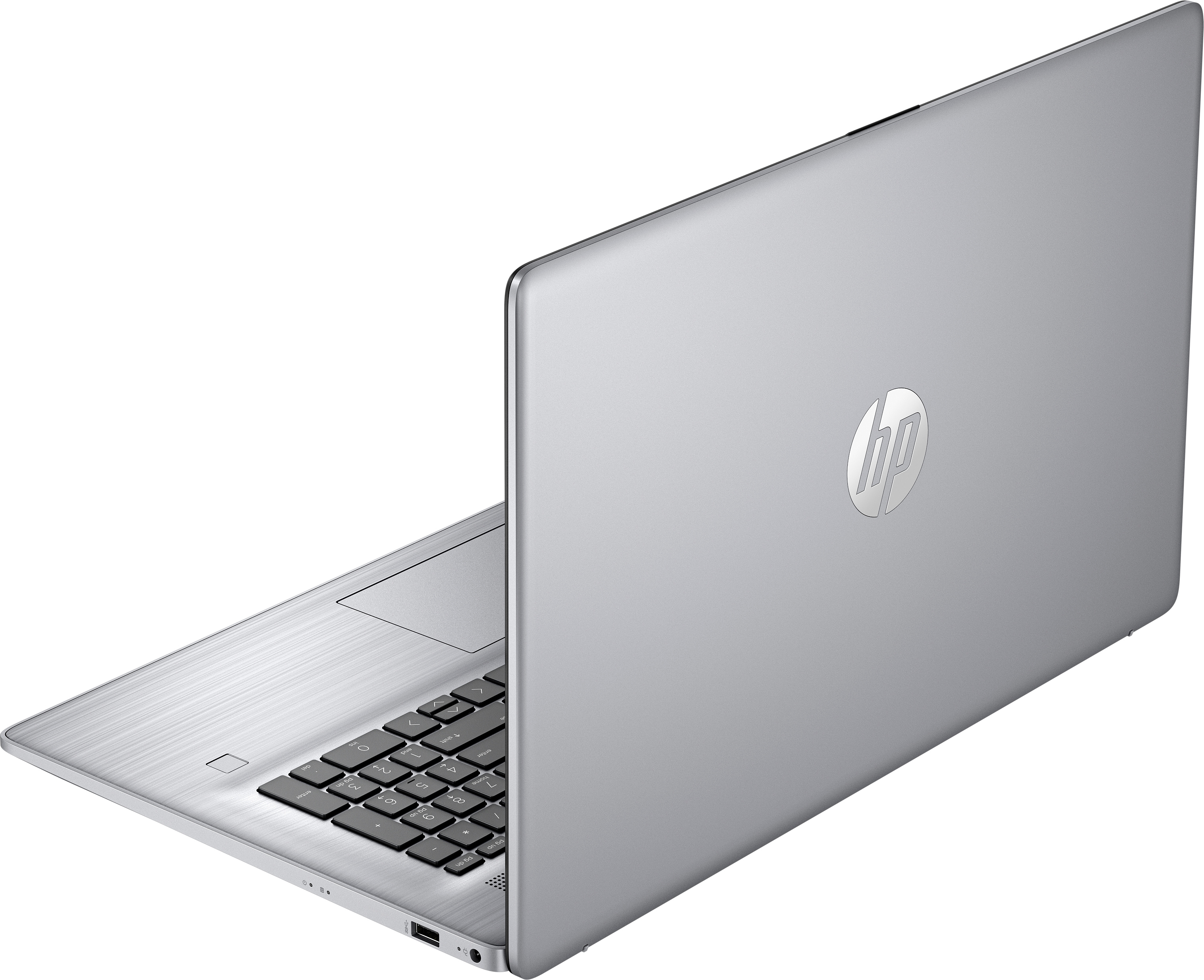 Silberner Laptop, Rückansicht, mit HP-Logo. Tastatur sichtbar. Heller Hintergrund.