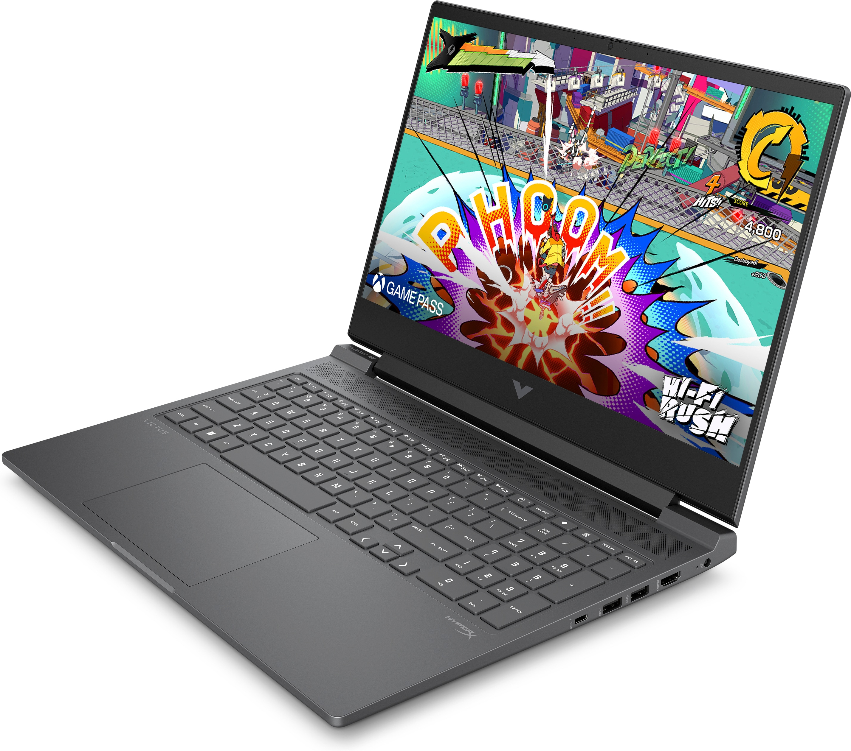 Laptop mit Spielszene auf dem Bildschirm, Tastatur und Trackpad sichtbar.