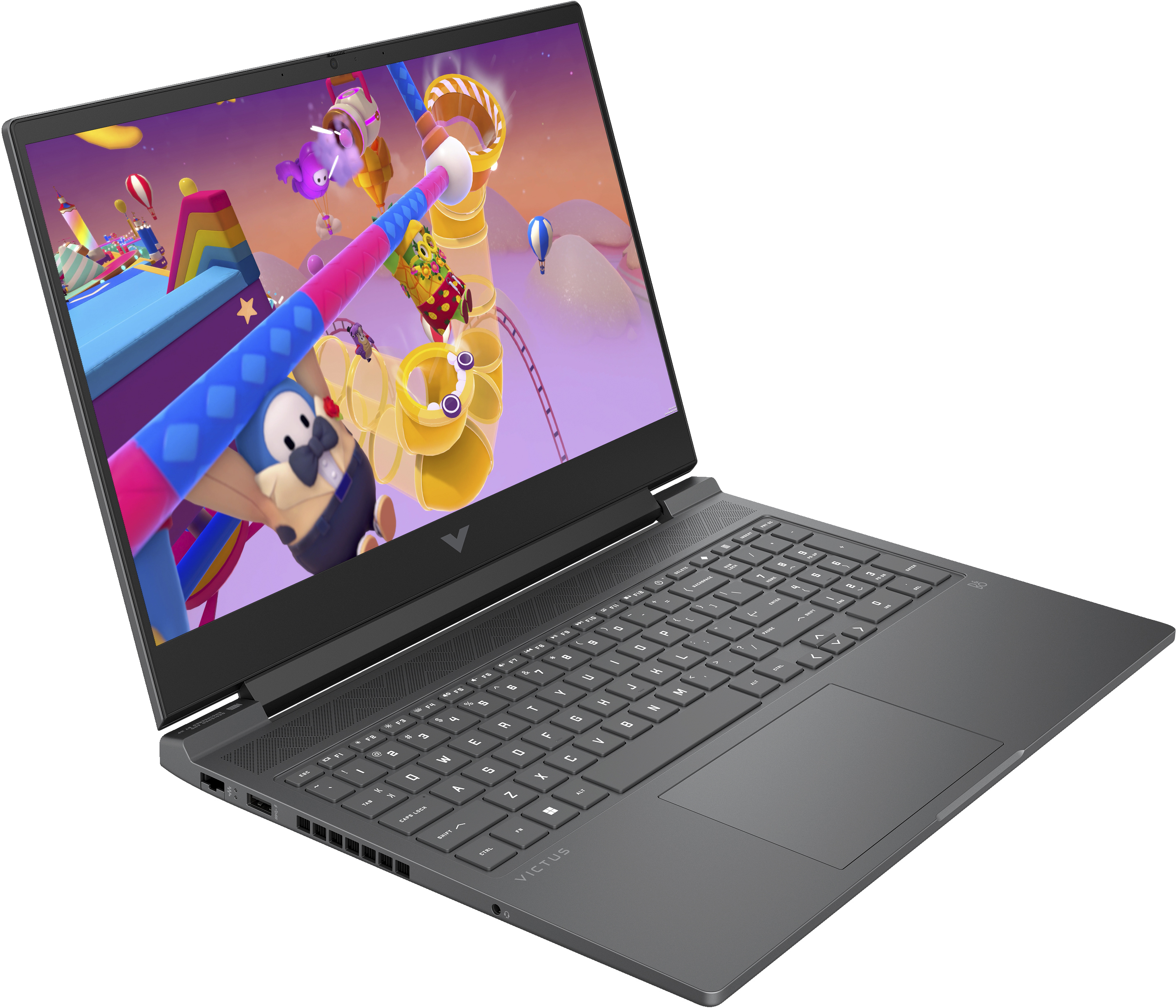 Ein schwarzer Laptop, der einen lebendigen Spielbildschirm anzeigt.