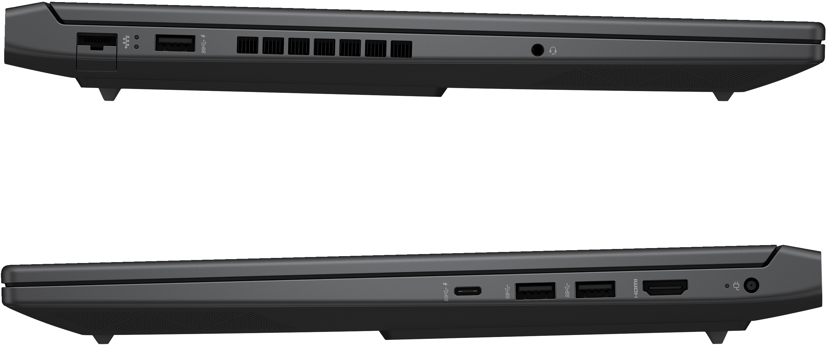 Seitenansicht von zwei schwarzen Laptops, die Anschlüsse und Lüftungsschlitze zeigen.