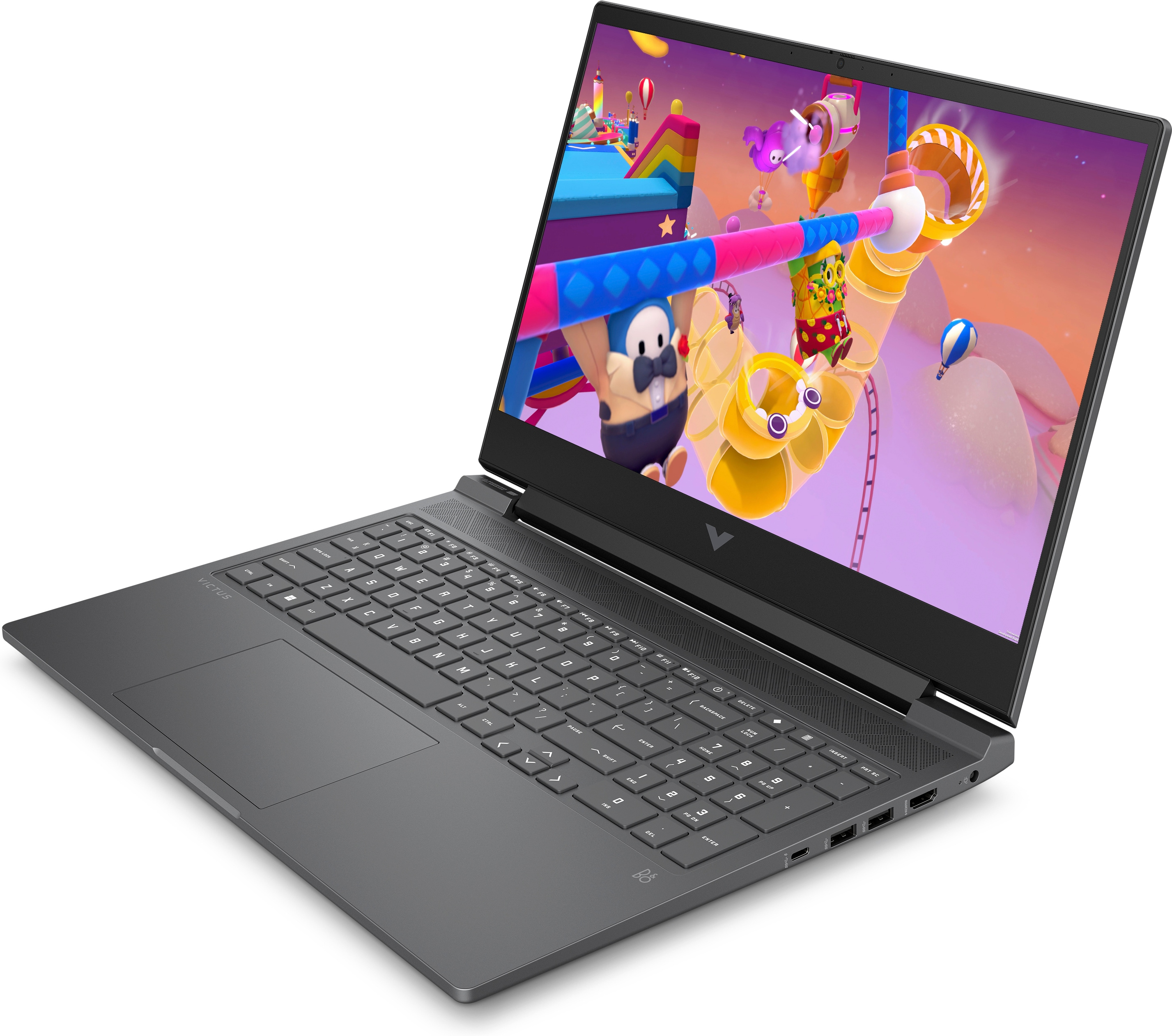 Ein Laptop mit einem auf dem Bildschirm angezeigten Spiel. Tastatur und Trackpad sind sichtbar. Der Laptop ist geöffnet.