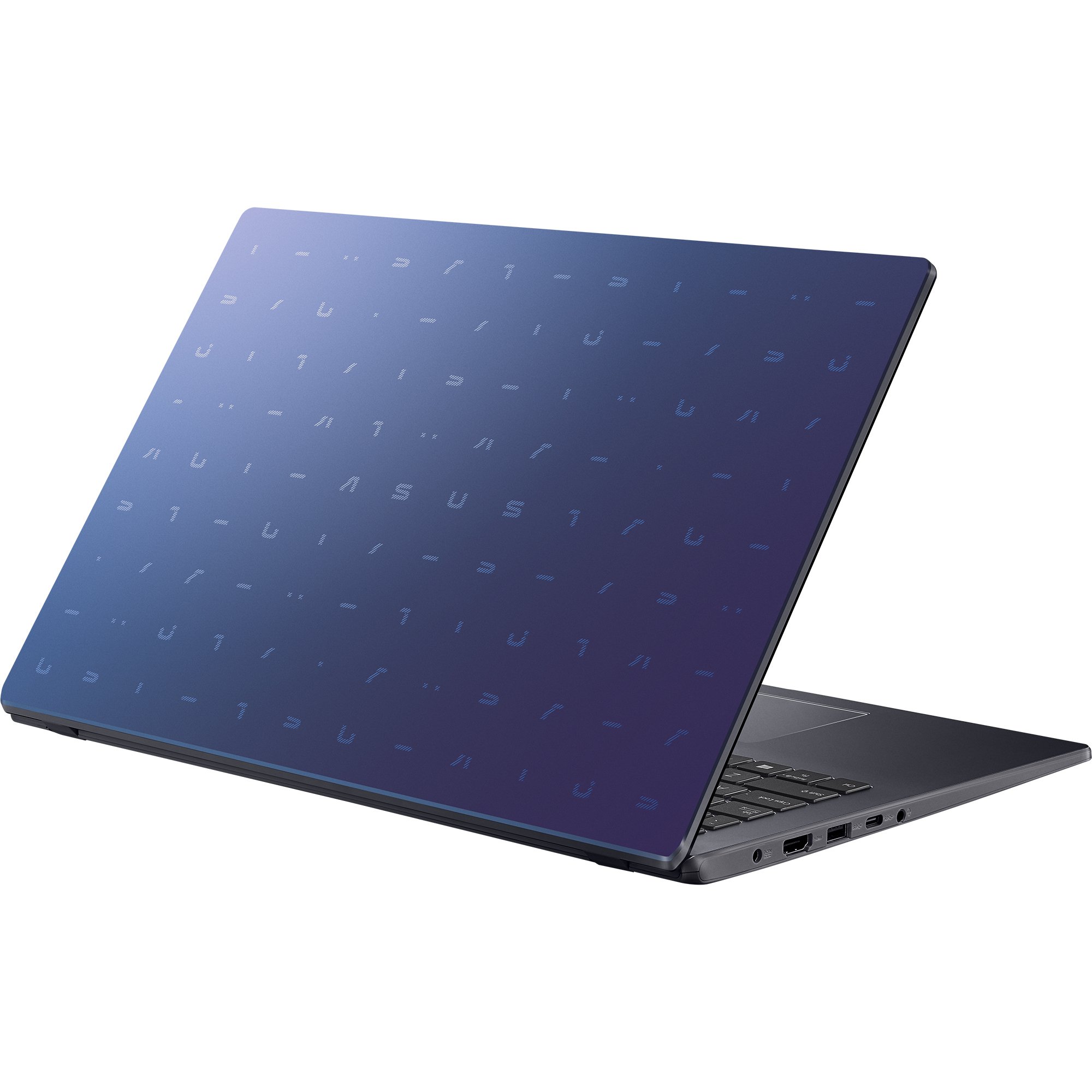 Portátil con tapa degradada azul y teclado. La tapa es azul marino, con un degradado azul claro. El teclado es negro.
