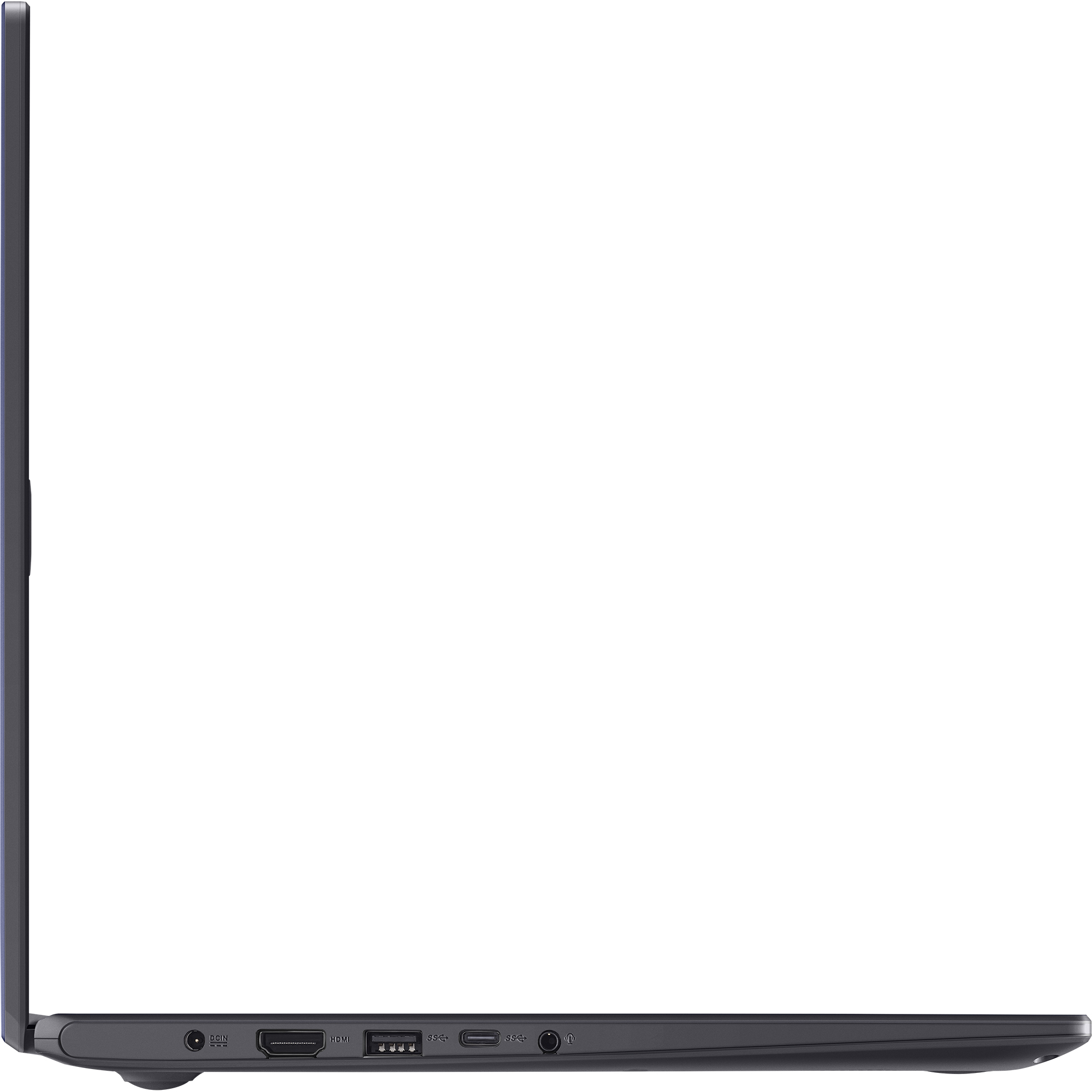 Vista lateral de una laptop gris oscuro con puertos visibles en el borde inferior.