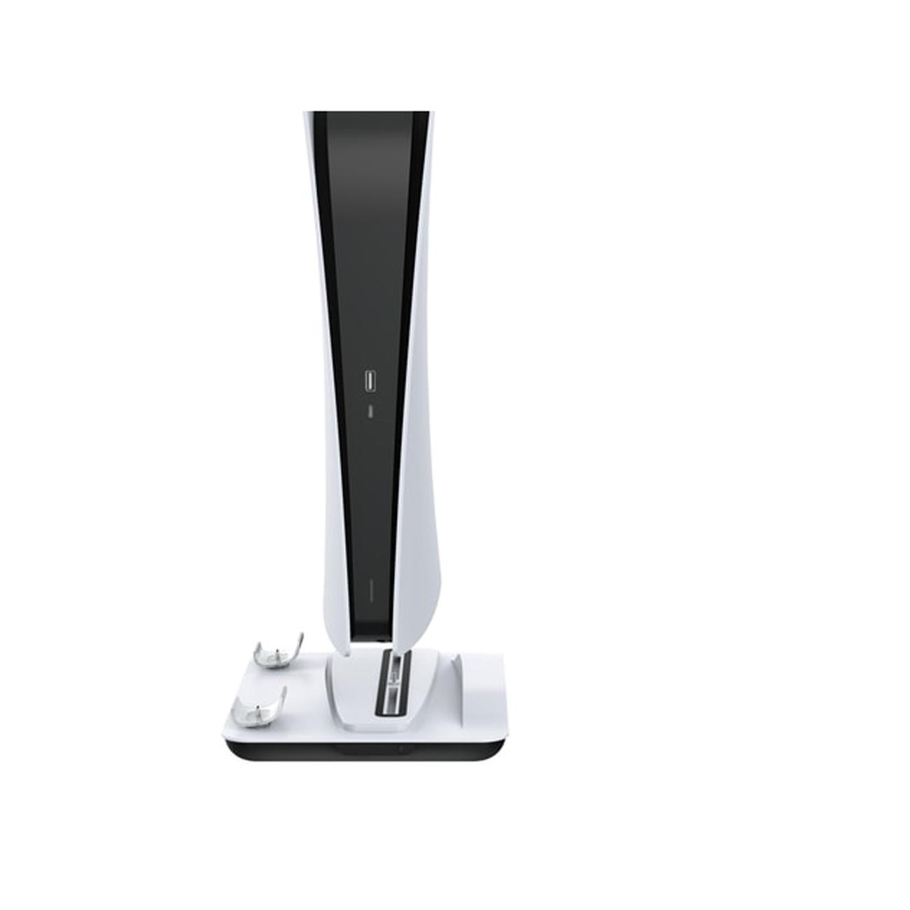 Weiße PlayStation 5 Konsole mit Ladestation.