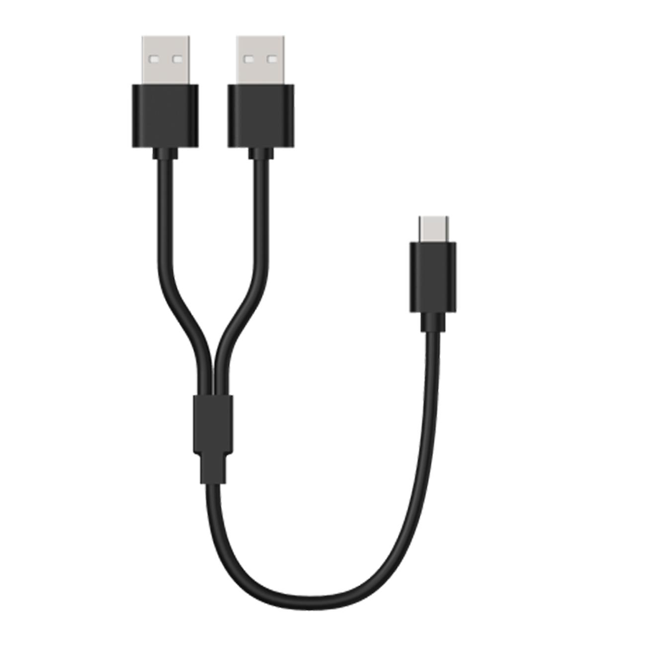 Schwarzes USB-Kabel mit zwei USB-A-Anschlüssen und einem USB-C-Anschluss.