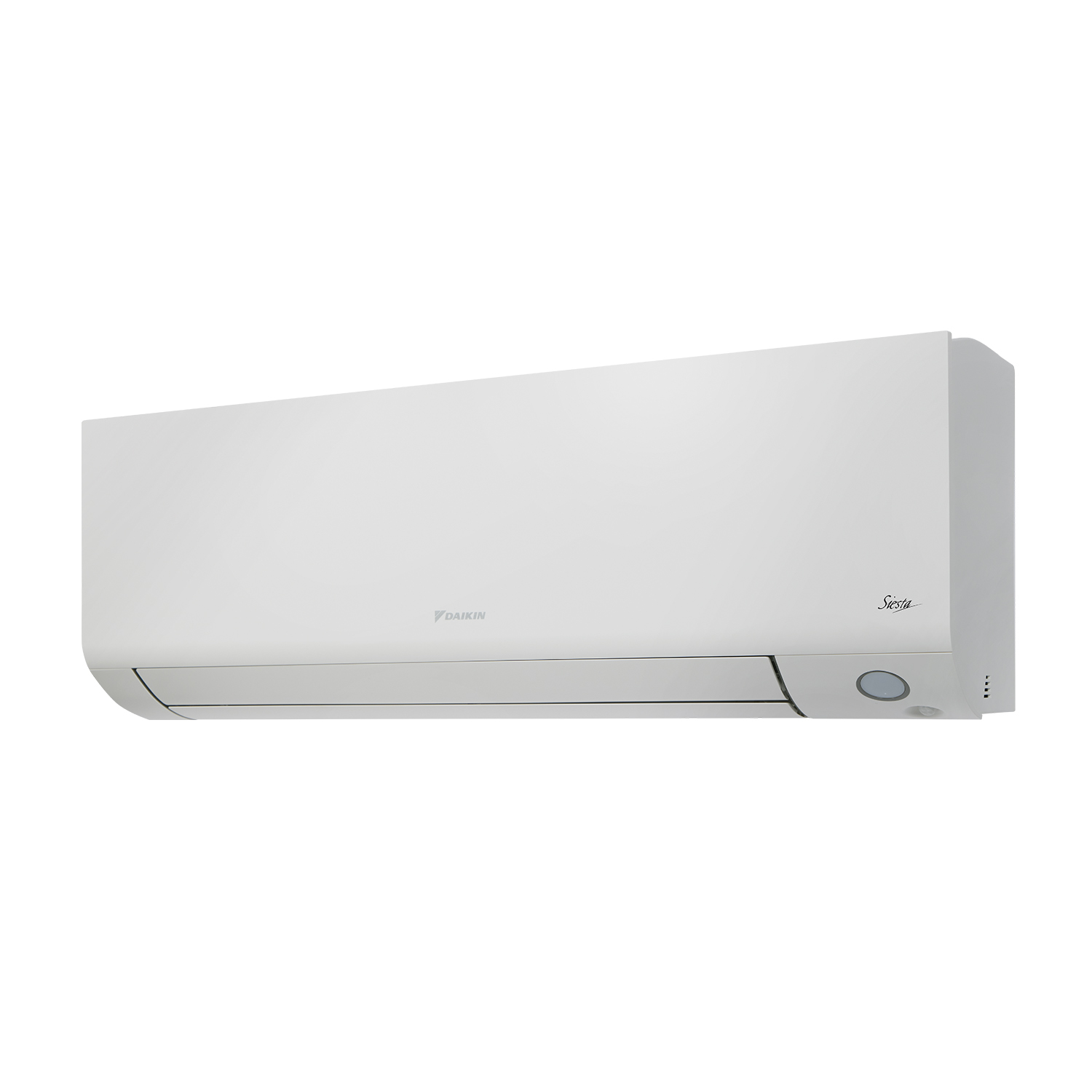 Condizionatore Daikin bianco su sfondo bianco. Visto da un'angolazione laterale.