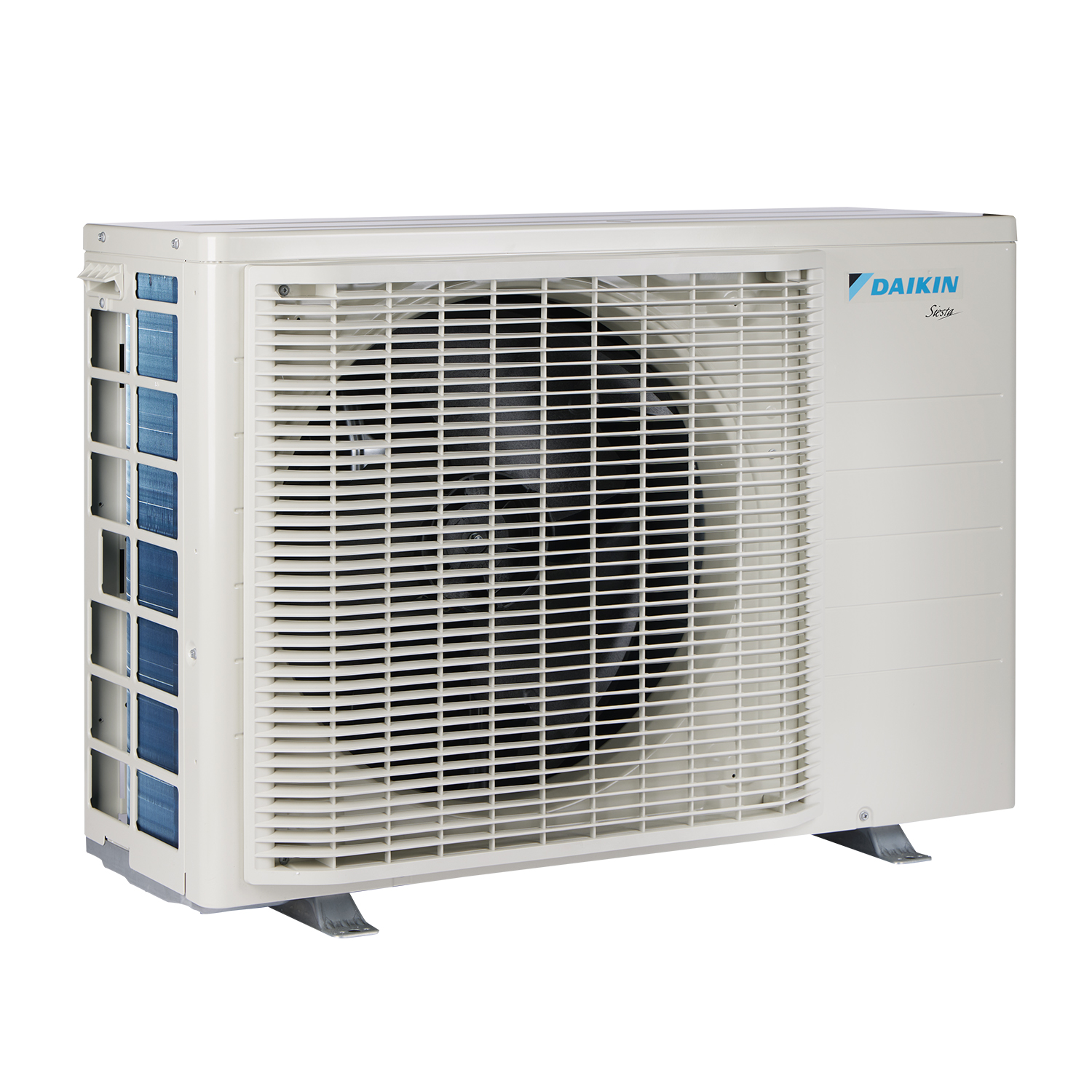 Unità di condizionamento Daikin bianca, con una ventola visibile. Ha dettagli blu e un logo.