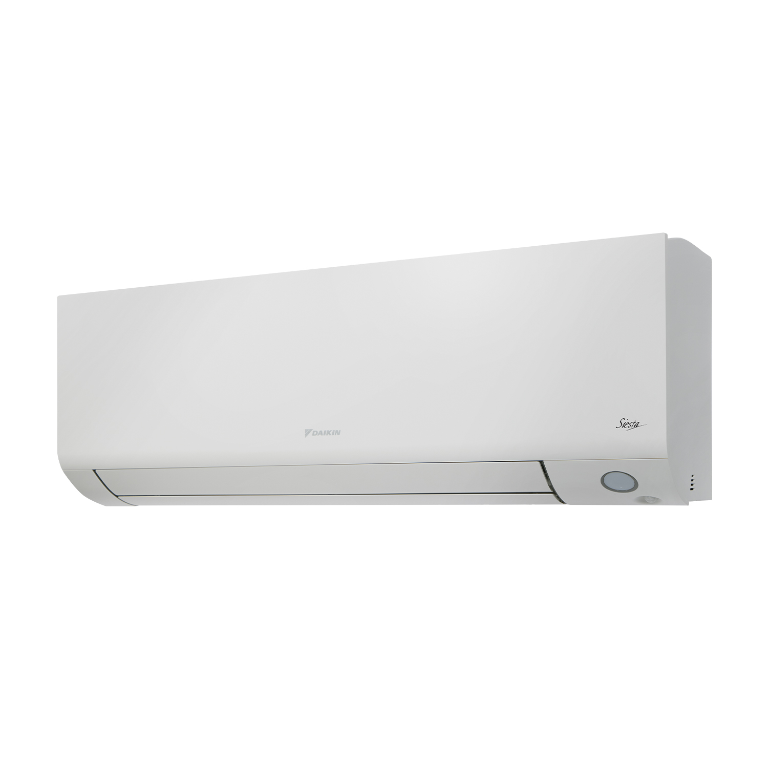 Condizionatore Daikin bianco su sfondo bianco, vista laterale.