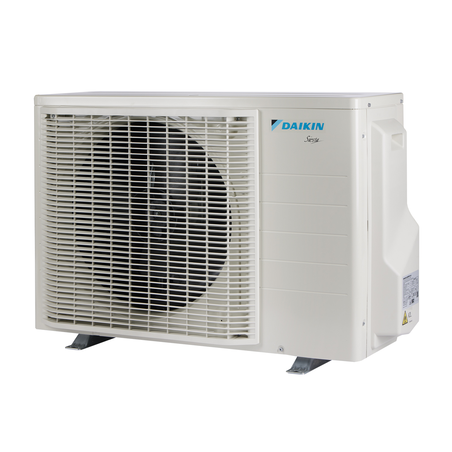 Unità esterna condizionatore Daikin bianca, con ventola e fessure.