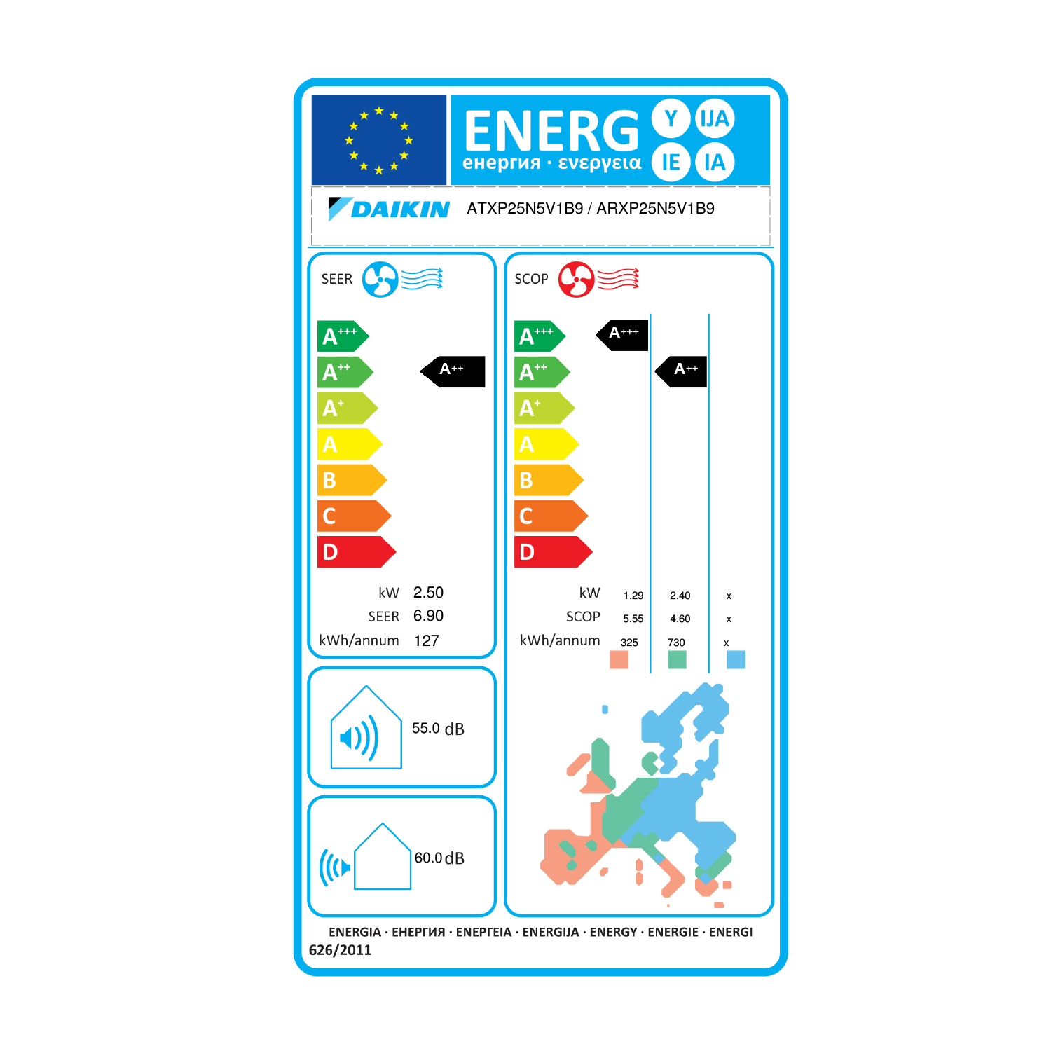 Etichetta energetica Daikin con varie valutazioni e una mappa.