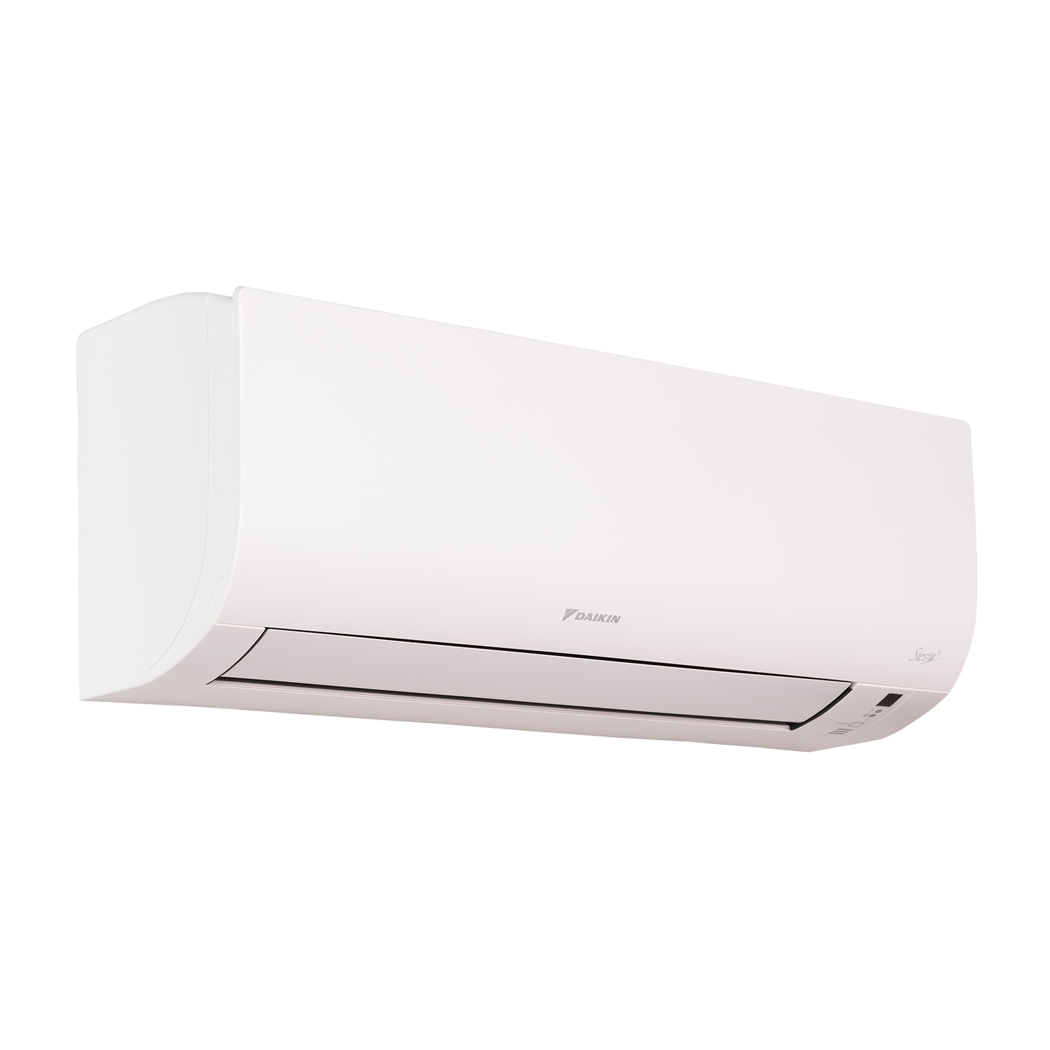 Condizionatore bianco montato su parete bianca. Vista angolata. Design pulito e minimalista.