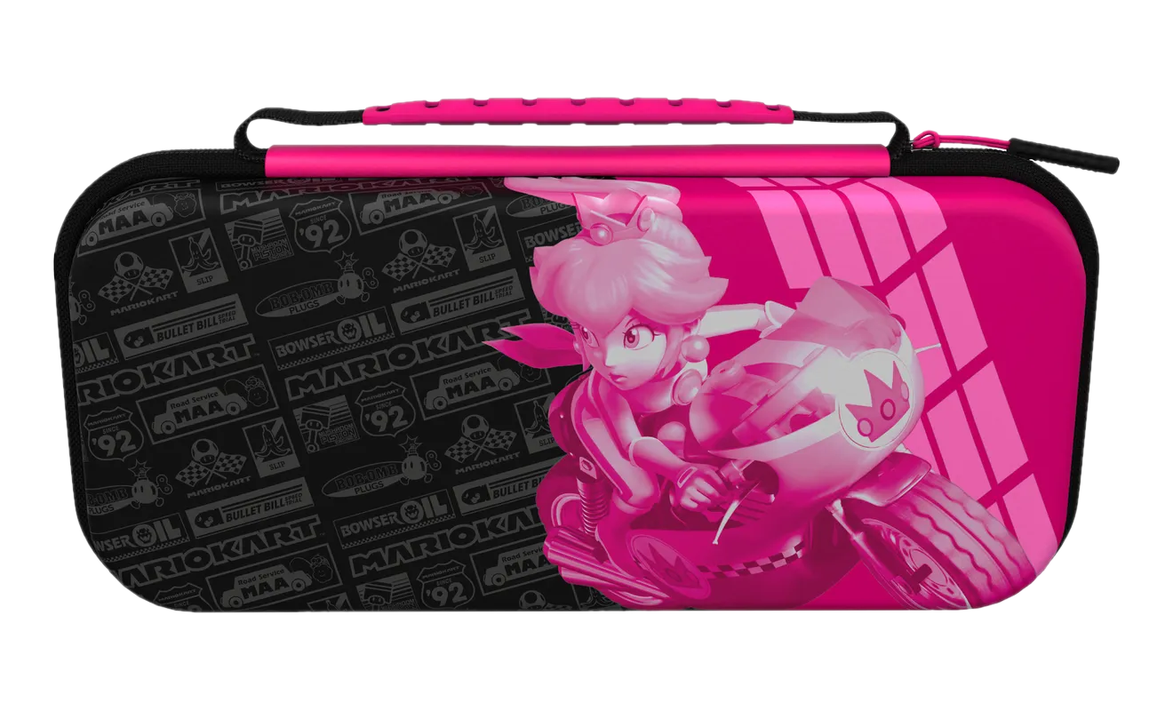 Étui Nintendo Switch rose, Peach sur moto. Design noir et rose.