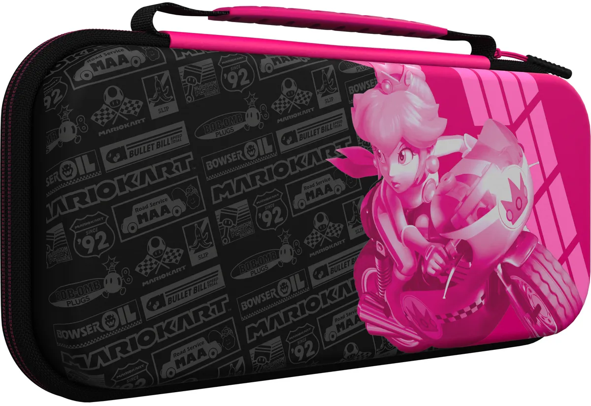 Étui Nintendo Switch rose et noir avec la Princesse Peach sur une moto.