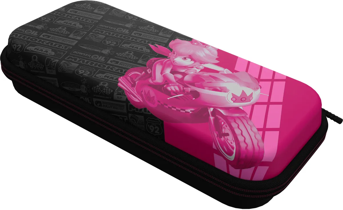 Étui Nintendo Switch, rose et noir, avec la Princesse Peach sur une moto.