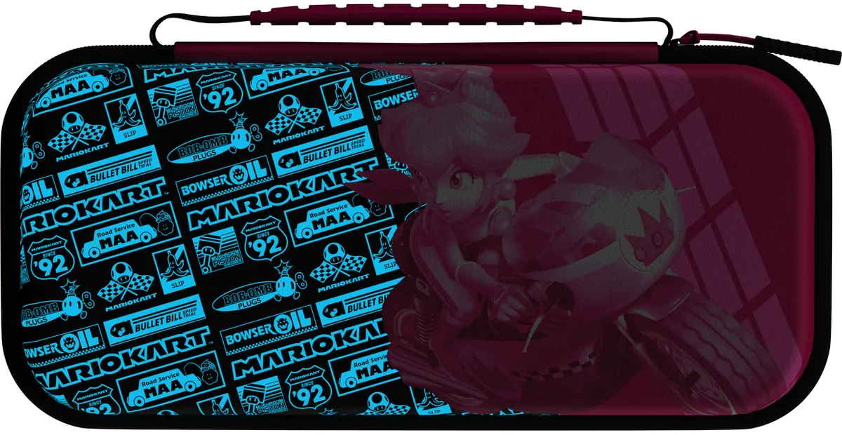Un étui noir Nintendo Switch avec un design Mario Kart. Le design comprend la Princesse Peach.