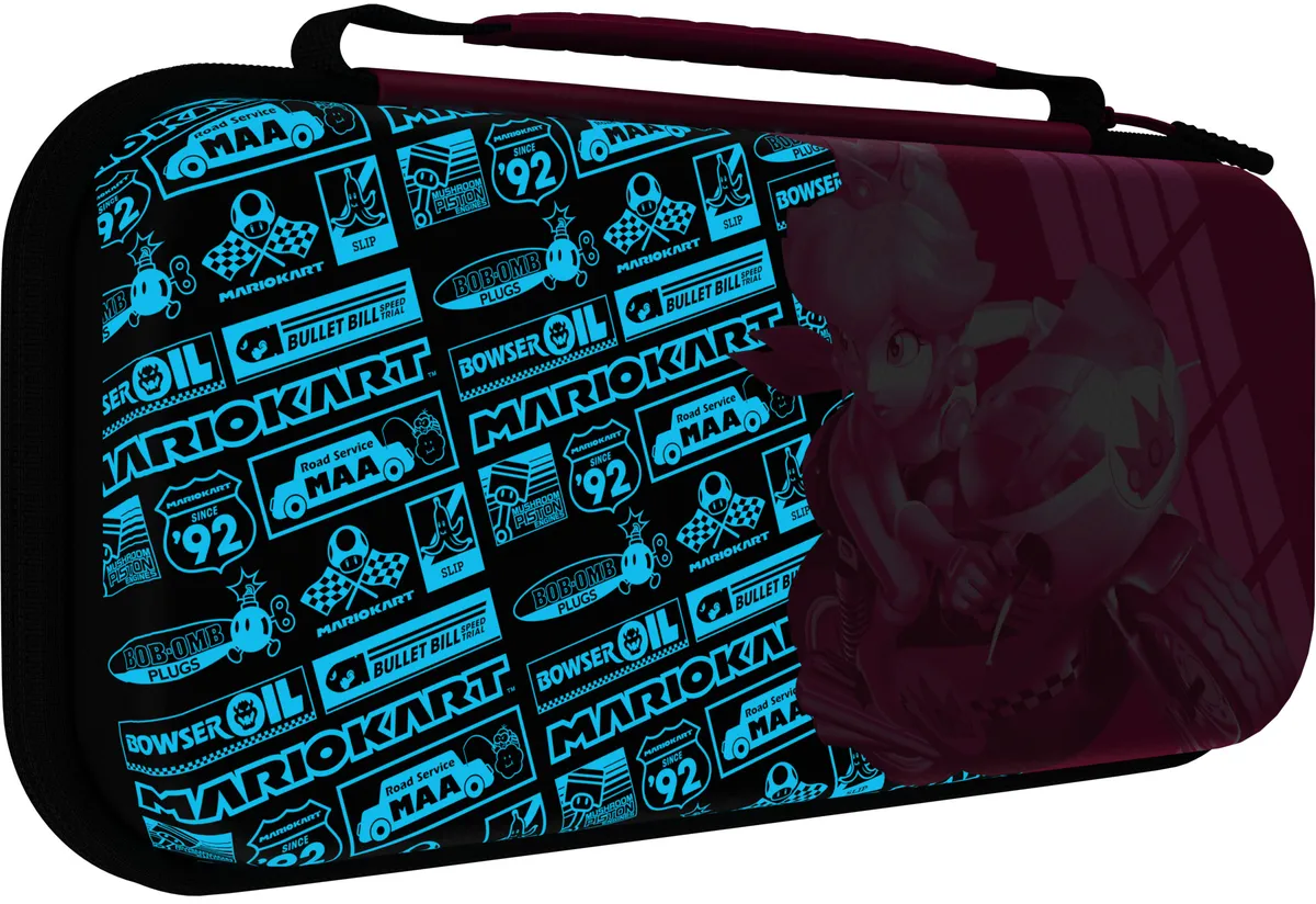 Étui Nintendo Switch, noir et bleu, avec la Princesse Peach sur une moto.