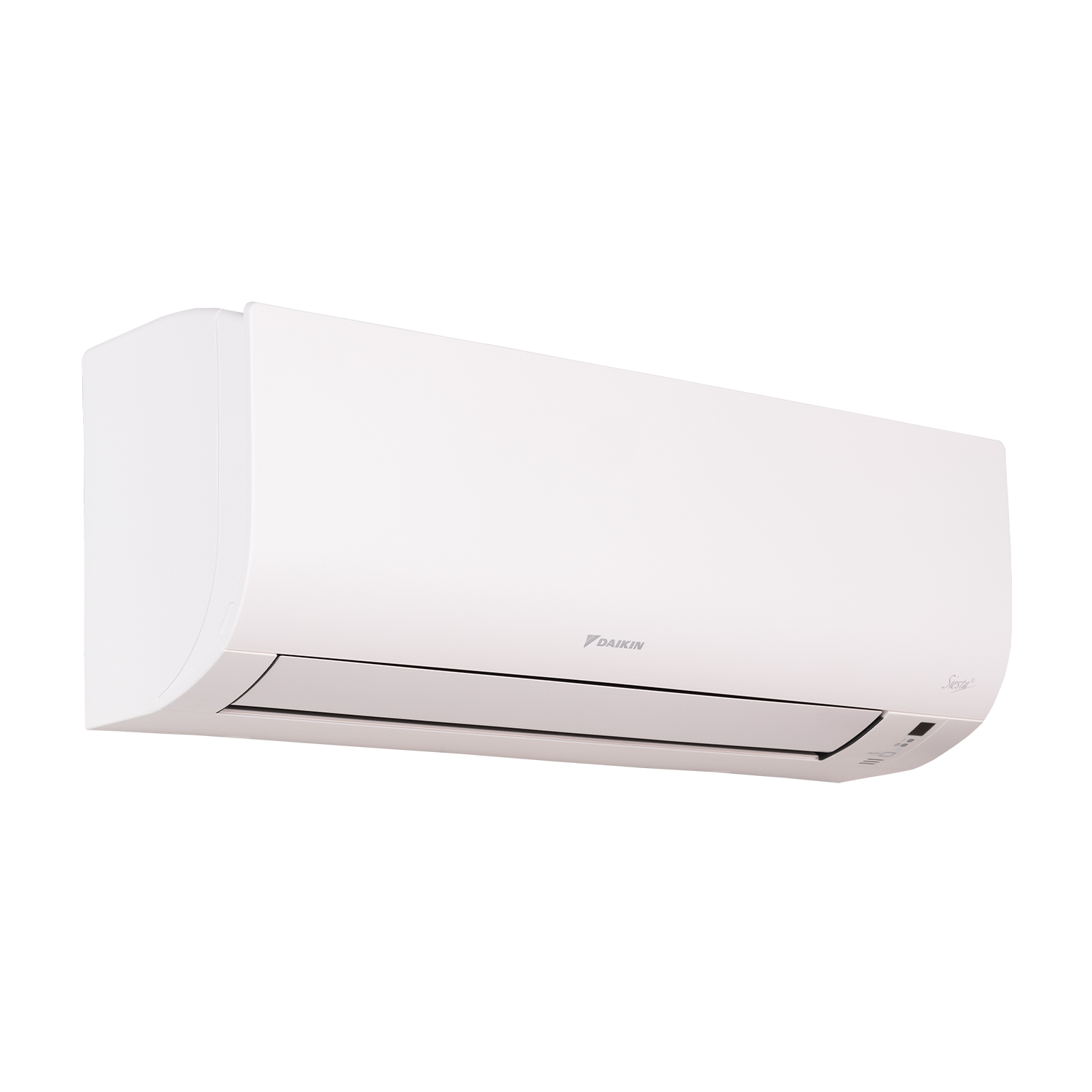 Condizionatore Daikin bianco su sfondo bianco, vista angolata.
