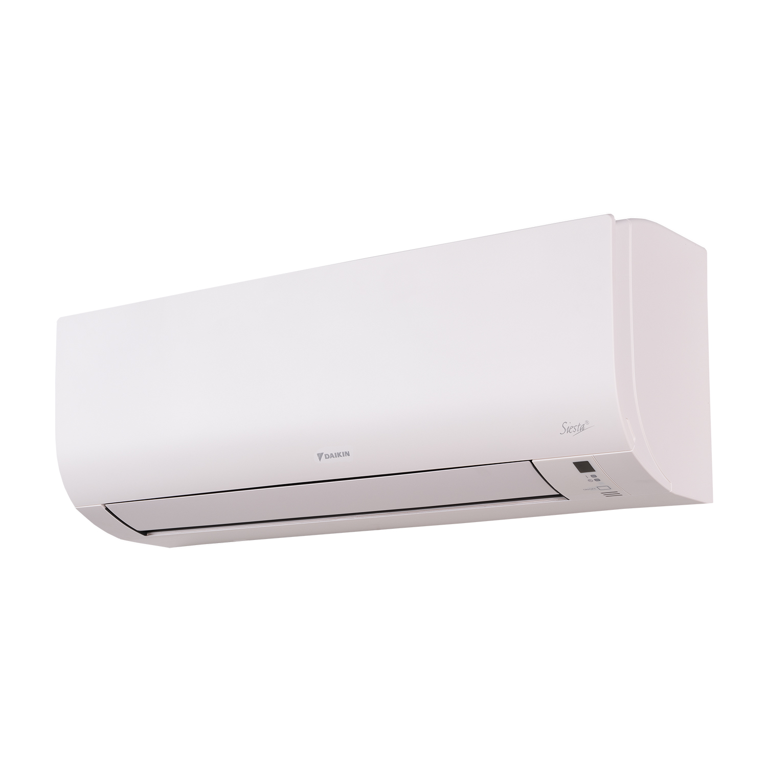 Condizionatore bianco su sfondo bianco, con logo Daikin e testo Siesta.