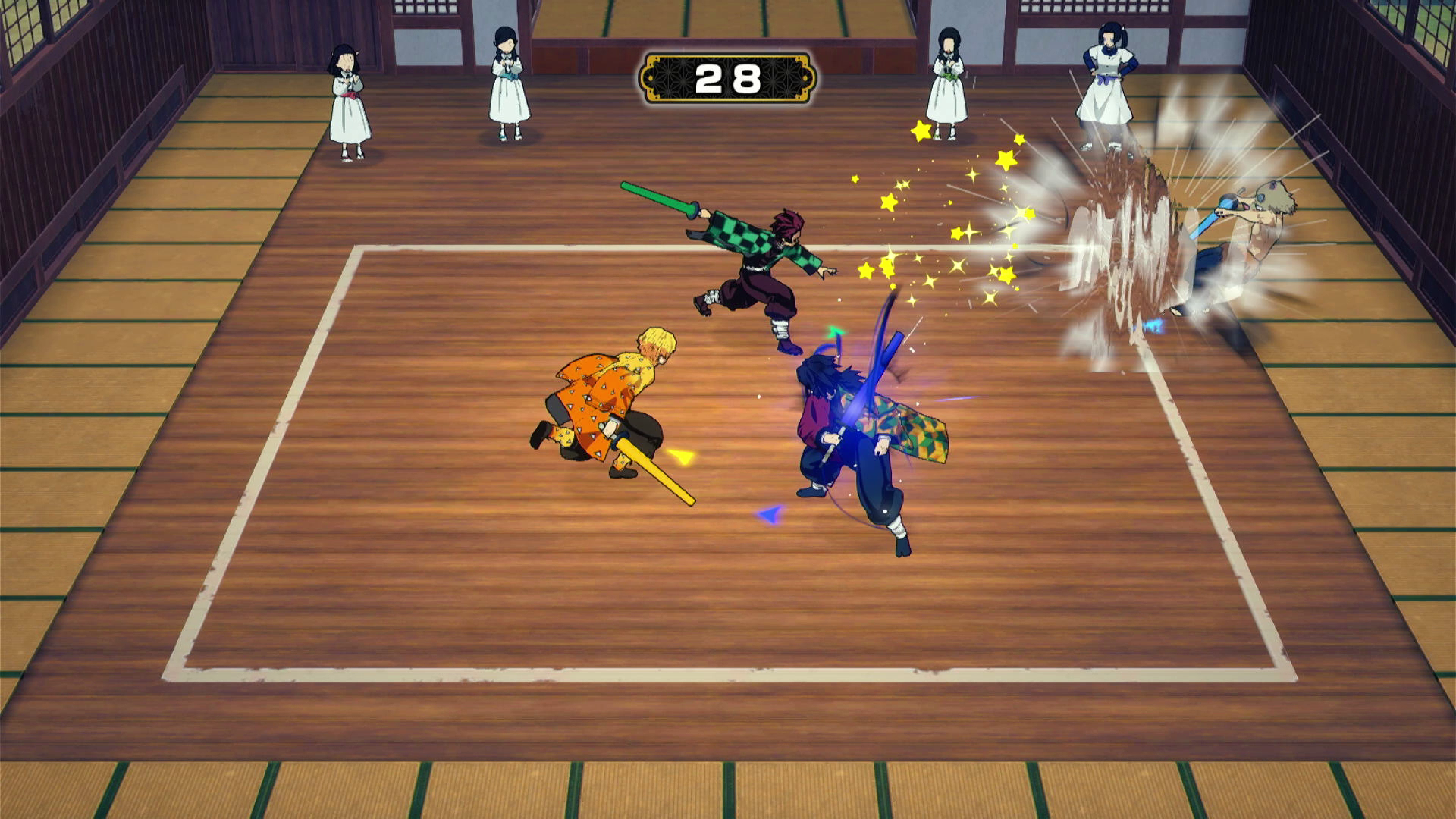 Una scena di un videogioco con personaggi in stile anime che combattono in una stanza di legno.