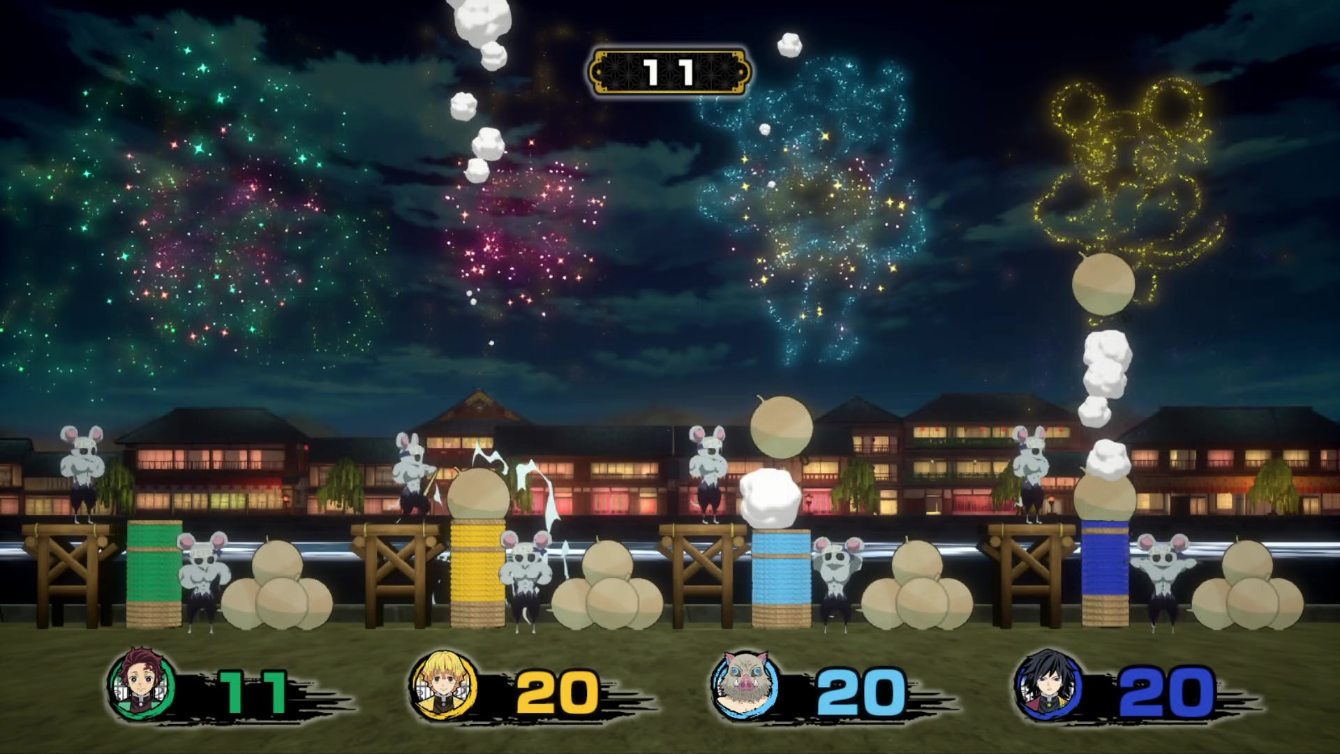 Schermata di un gioco con fuochi d'artificio sullo sfondo.