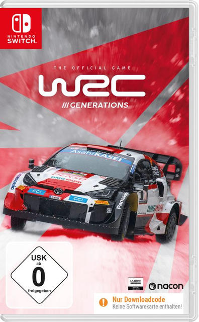 Nintendo Switch-Spielhülle für WRC Generations. Zeigt ein Rallye-Auto auf einer schneebedeckten Strecke. Rot, weiß und schwarz.