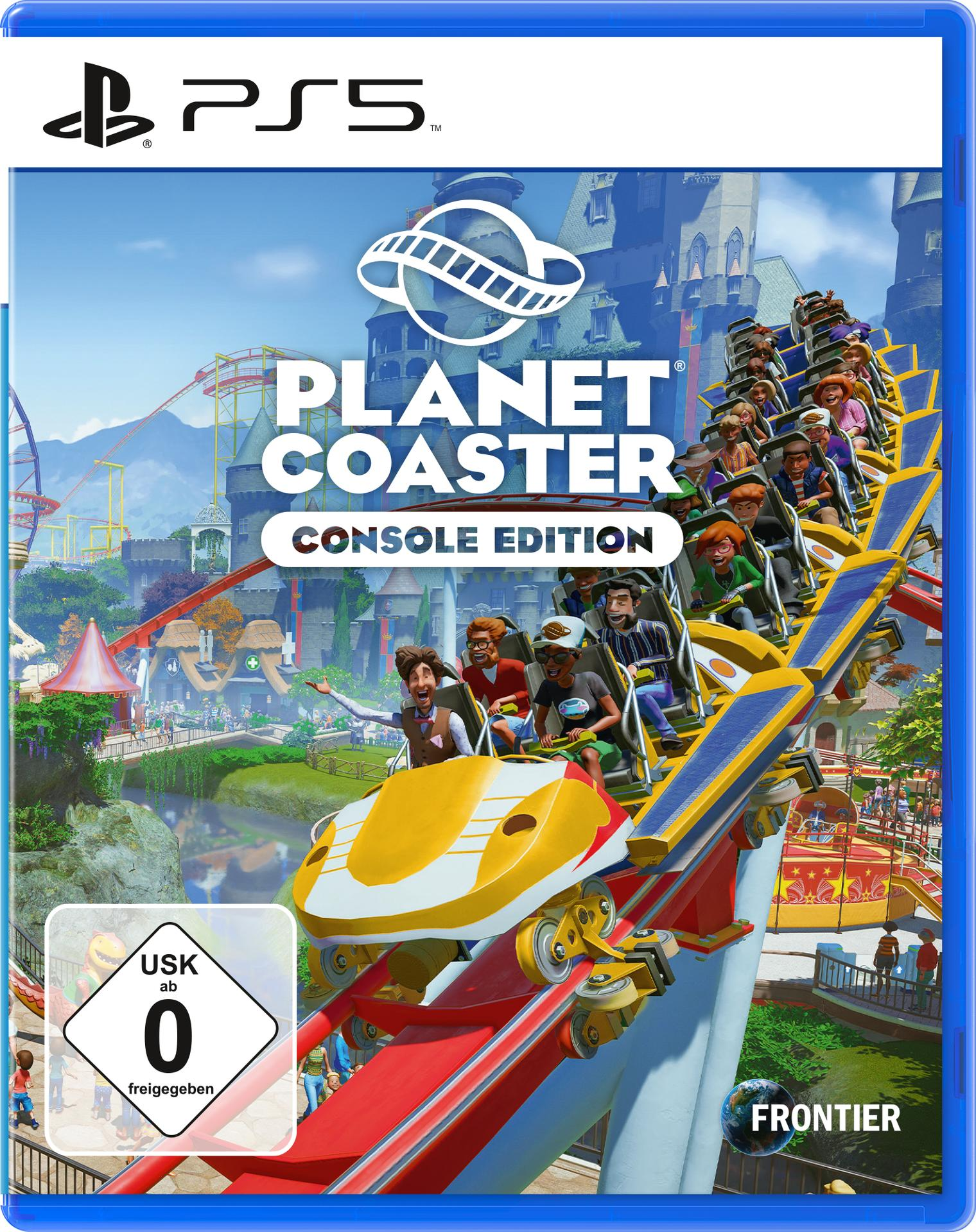 Planet Coaster: Console Edition Spielbox. Achterbahn auf dem Cover, weißer Hintergrund.