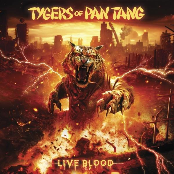 Albumcover mit Tiger, Flammen und Gebäuden. Die Worte "LIVE BLOOD". Oranger Hintergrund.