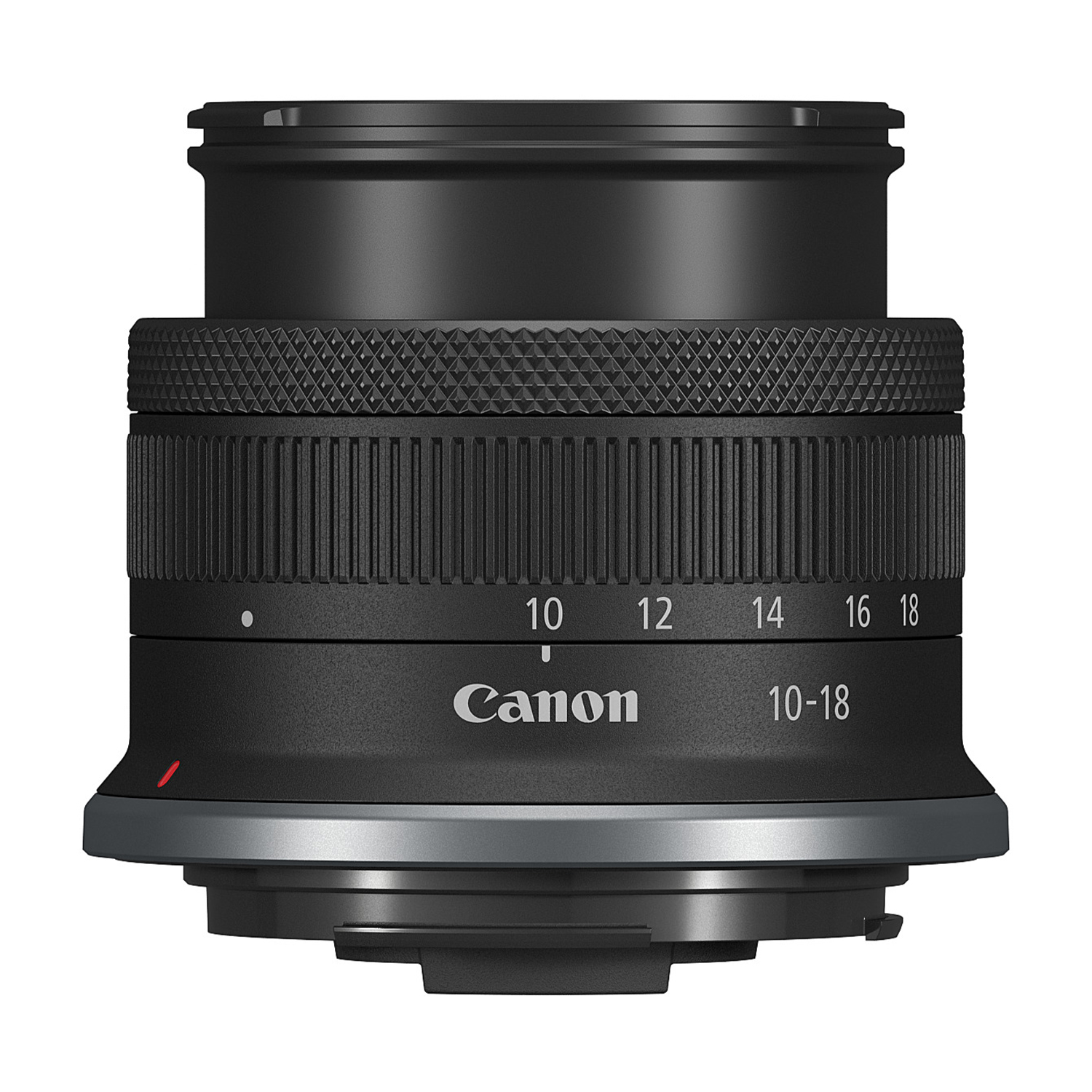 Obiettivo per fotocamera Canon nero su sfondo bianco.