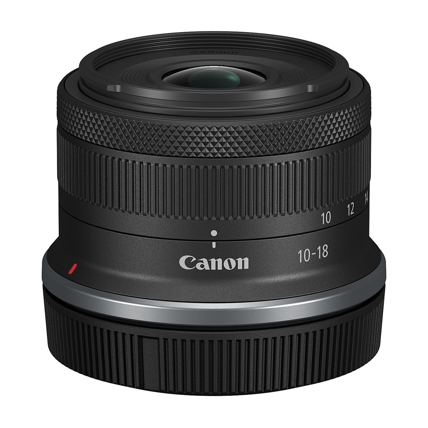 Obiettivo Canon, nero con finiture argentate. La lunghezza focale è 10-18 mm.