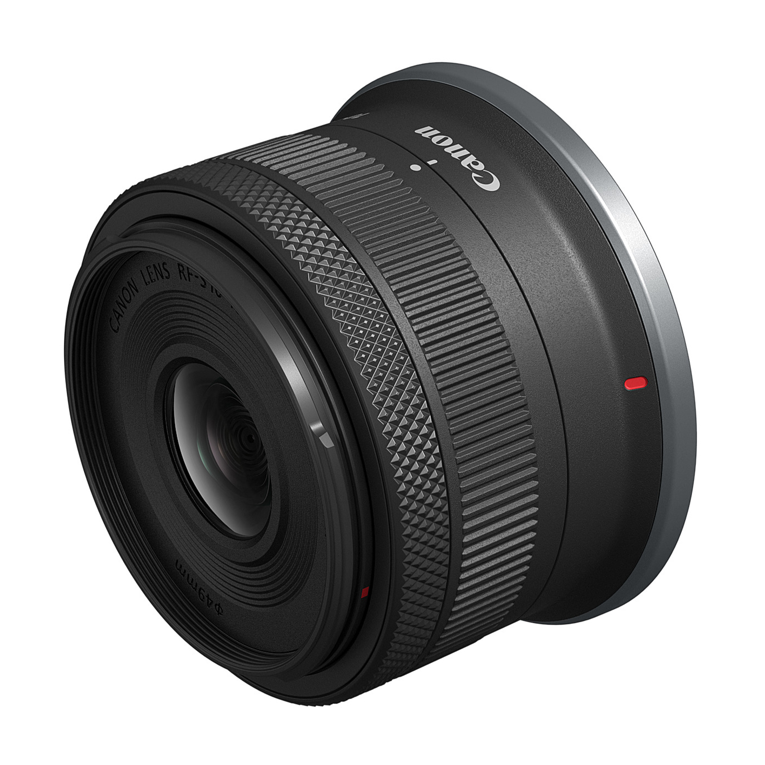 Obiettivo della fotocamera nero con un anello argentato sul davanti. Logo Canon visibile.